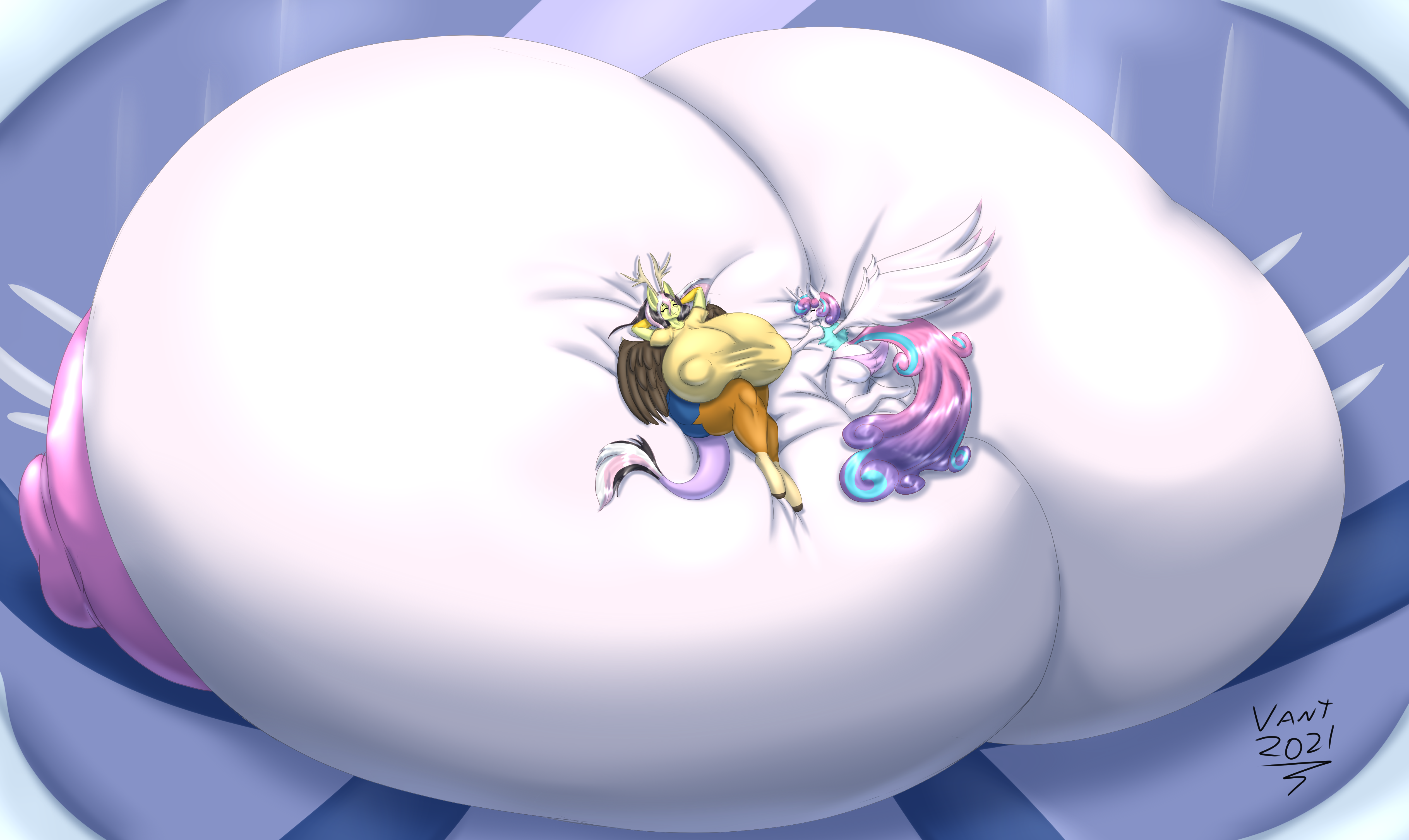 2876238 - questionable, artist:blues64, artist:vant_talon, princess flurry  heart, oc, oc:titania, alicorn, draconequus, anthro, series:bountyverse,  g4, anthro oc, big breasts, breast expansion, breasts, breasts on floor,  busty princess flurry heart ...