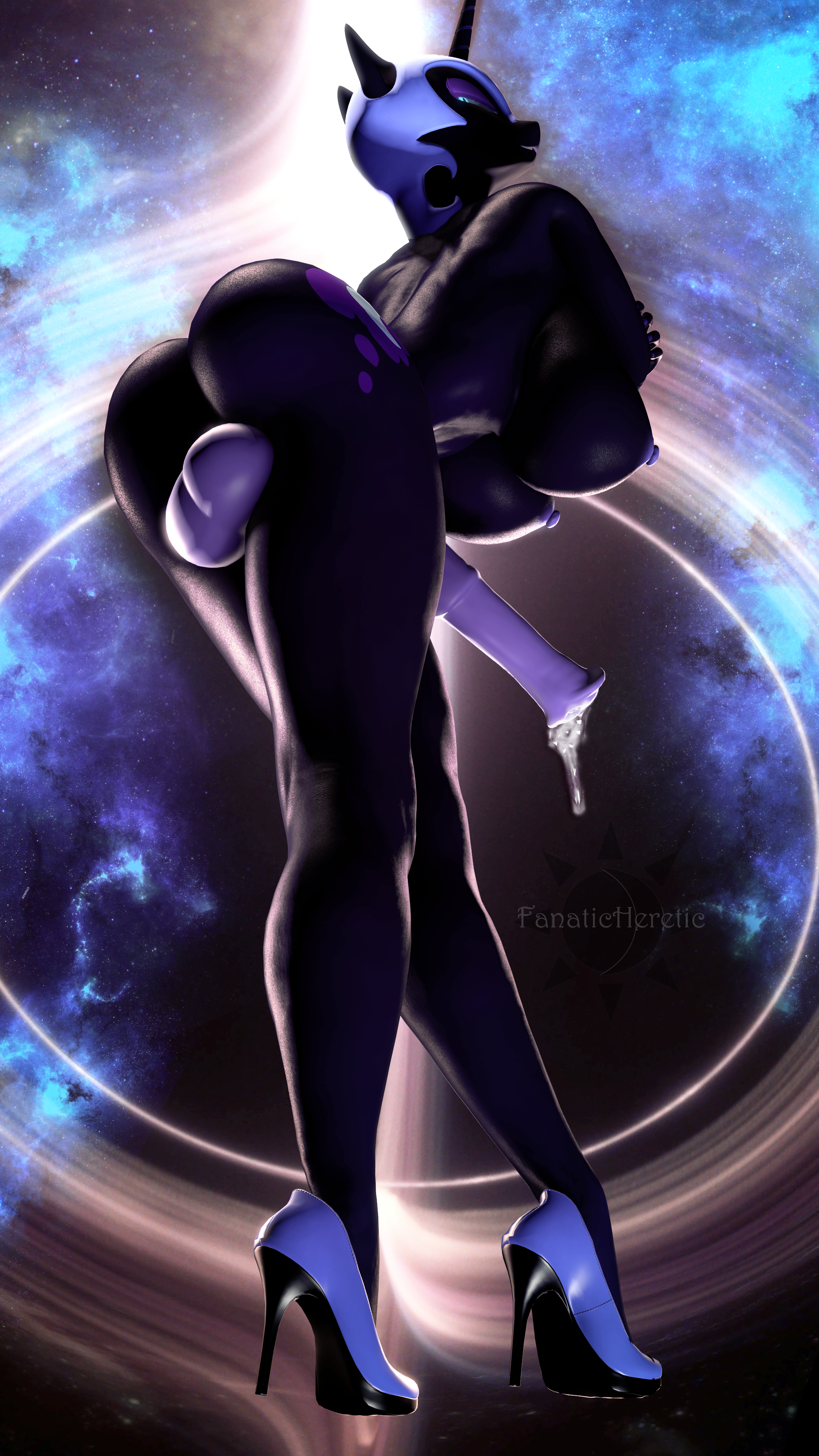 2897848 - explicit, artist:fanaticheretic7, nightmare moon, princess luna,  alicorn, anthro, g4, 3d, 4k, ass, black hole, breasts, butt, cum, ethereal  mane, ethereal tail, futa, futa nightmare moon, glowing, glowing eyes, high  heels,