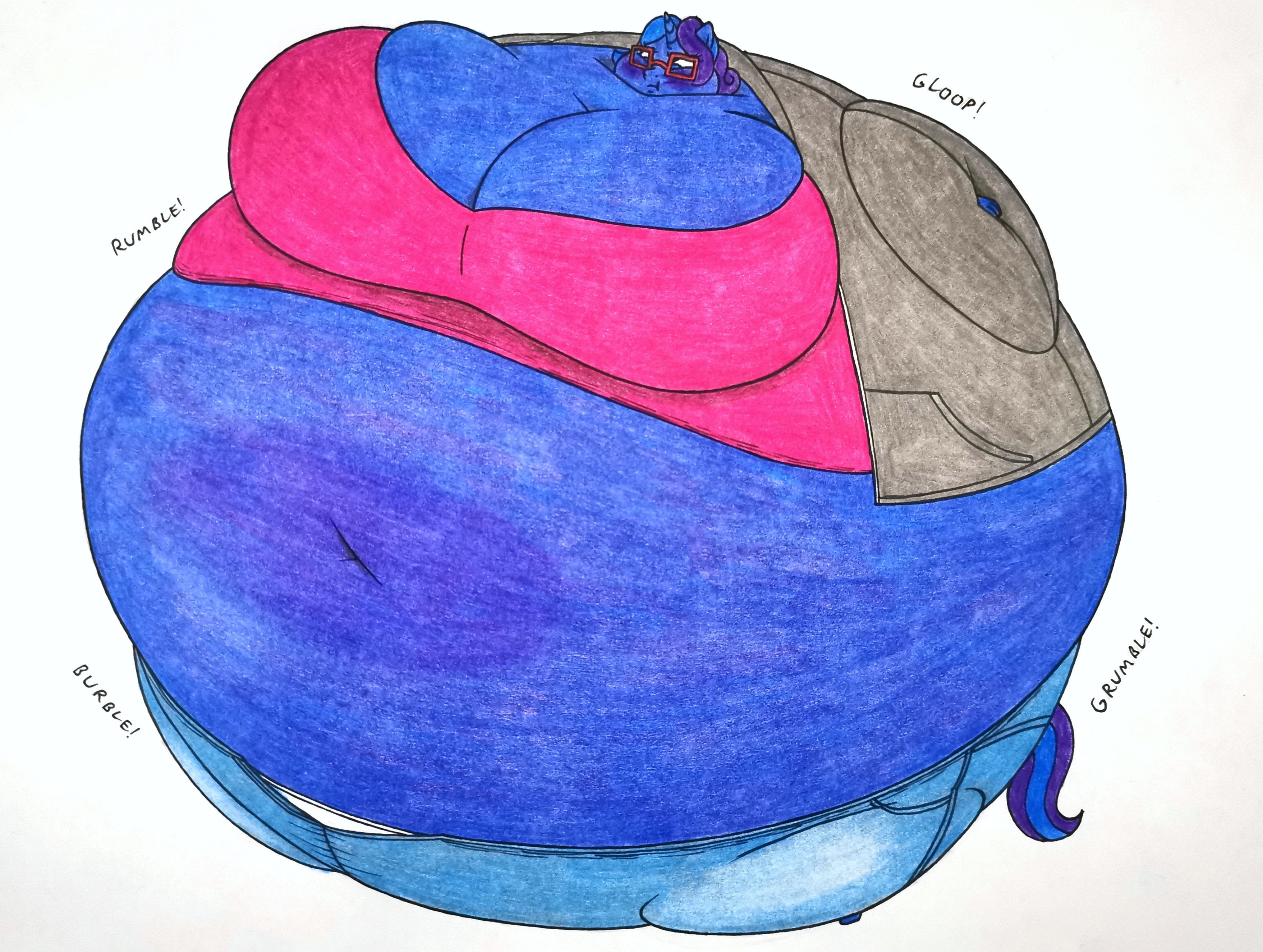 2882499 - questionable, artist:thaliaglacyswells, oc, oc:scribble script,  anthro, blueberry inflation, breasts, cleavage, high res, inflation,  spherical inflation, stomach noise, traditional art - Derpibooru