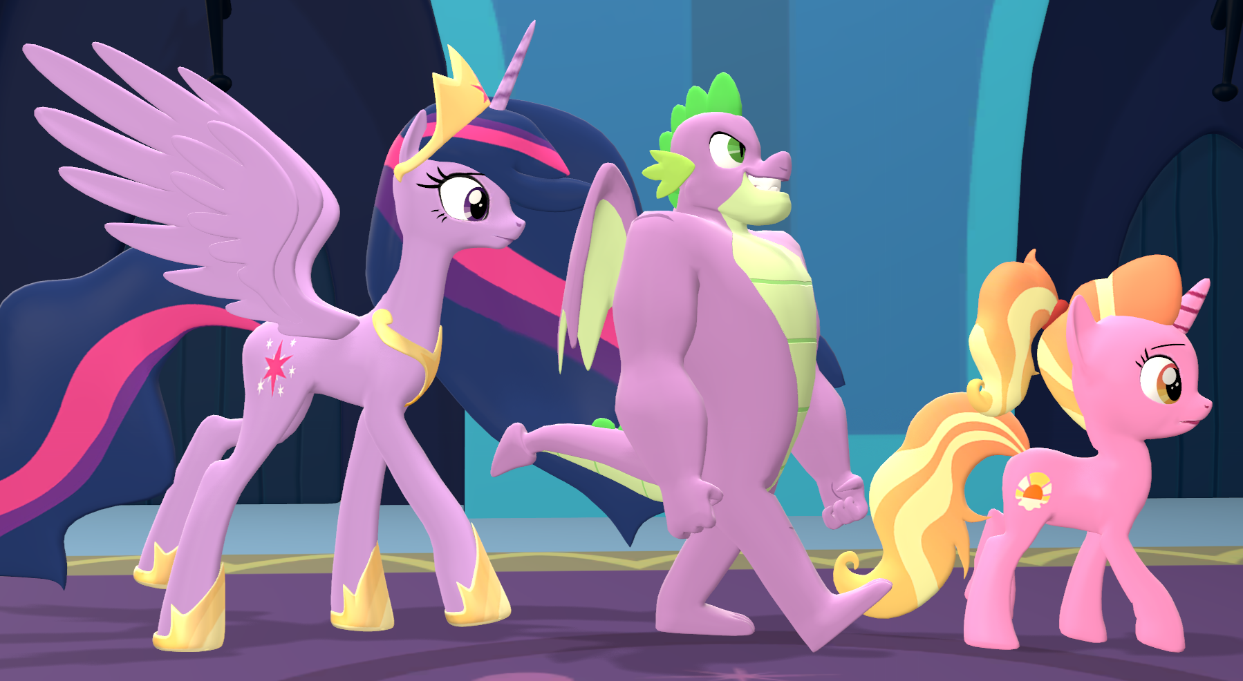 2929792 - safe, artist:red4567, luster dawn, spike, twilight sparkle,  alicorn, dragon, pony, unicorn, g4, the last problem, 3d, chad, dr. livesey  walk, gigachad spike, meme, older, older spike, older twilight, princess  twilight