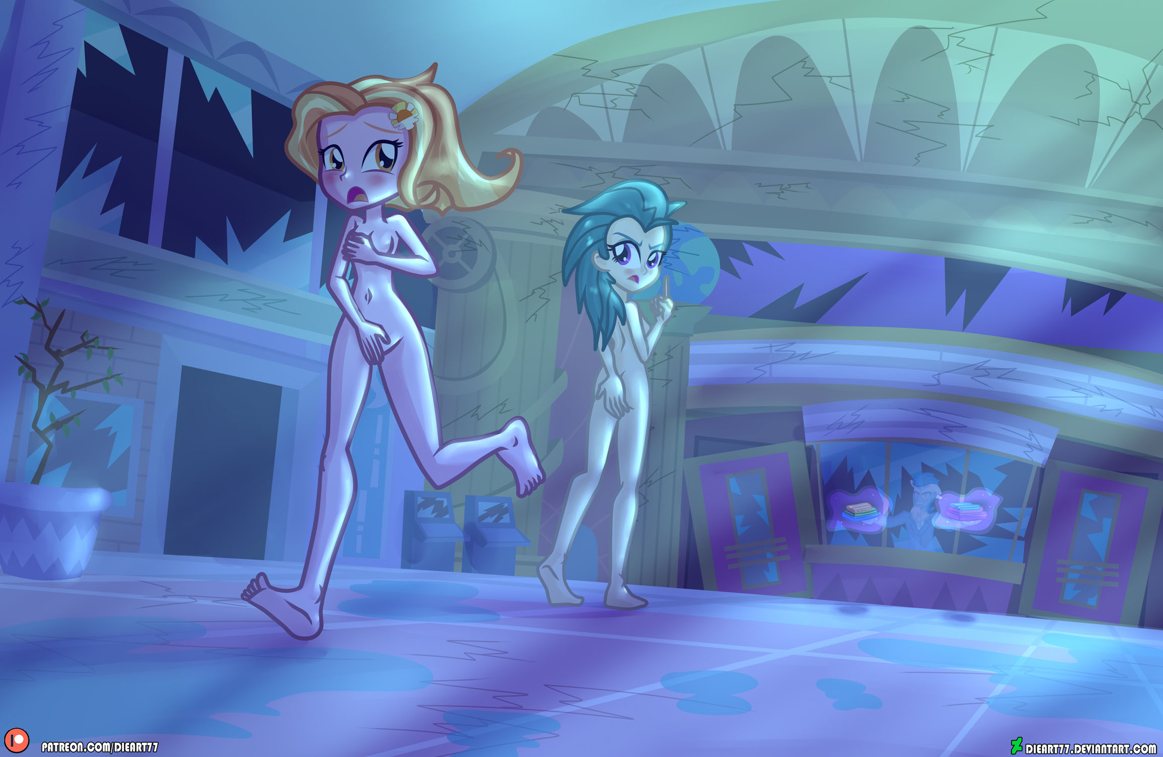 3023902 - suggestive, artist:dieart77, discord, luster dawn, river song,  ghost, human, undead, equestria girls, g4, abandoned, assisted exposure,  breasts, canterlot mall, clothing theft, covering, embarrassed, embarrassed  nude exposure, equestria girls ...