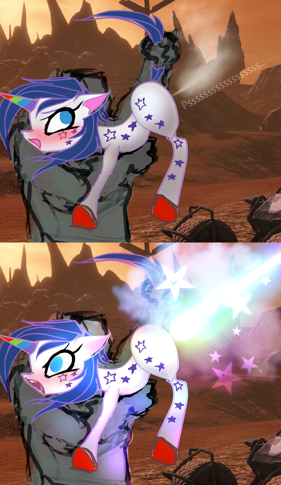 3027077 - suggestive, artist:ga5pumpe, oc, oc:femboy toots, human, pony,  unicorn, 2 panel comic, behaving like a weapon, blushing, comic,  embarrassed, fart, femboy, gas, large butt, male, mr. toots, ponified,  rainbow fart, red