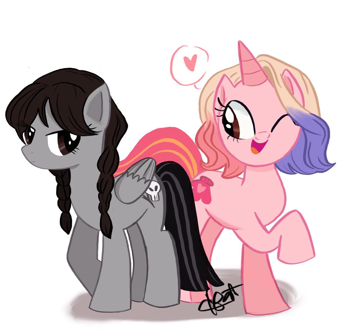 3223112 - safe, artist:mariart.corner, pegasus, pony, unicorn, digital art,  duo, duo female, enid sinclair, female, lesbian, non-mlp shipping,  ponified, shipping, signature, simple background, the addams family,  wednesday (series), wednesday addams ...