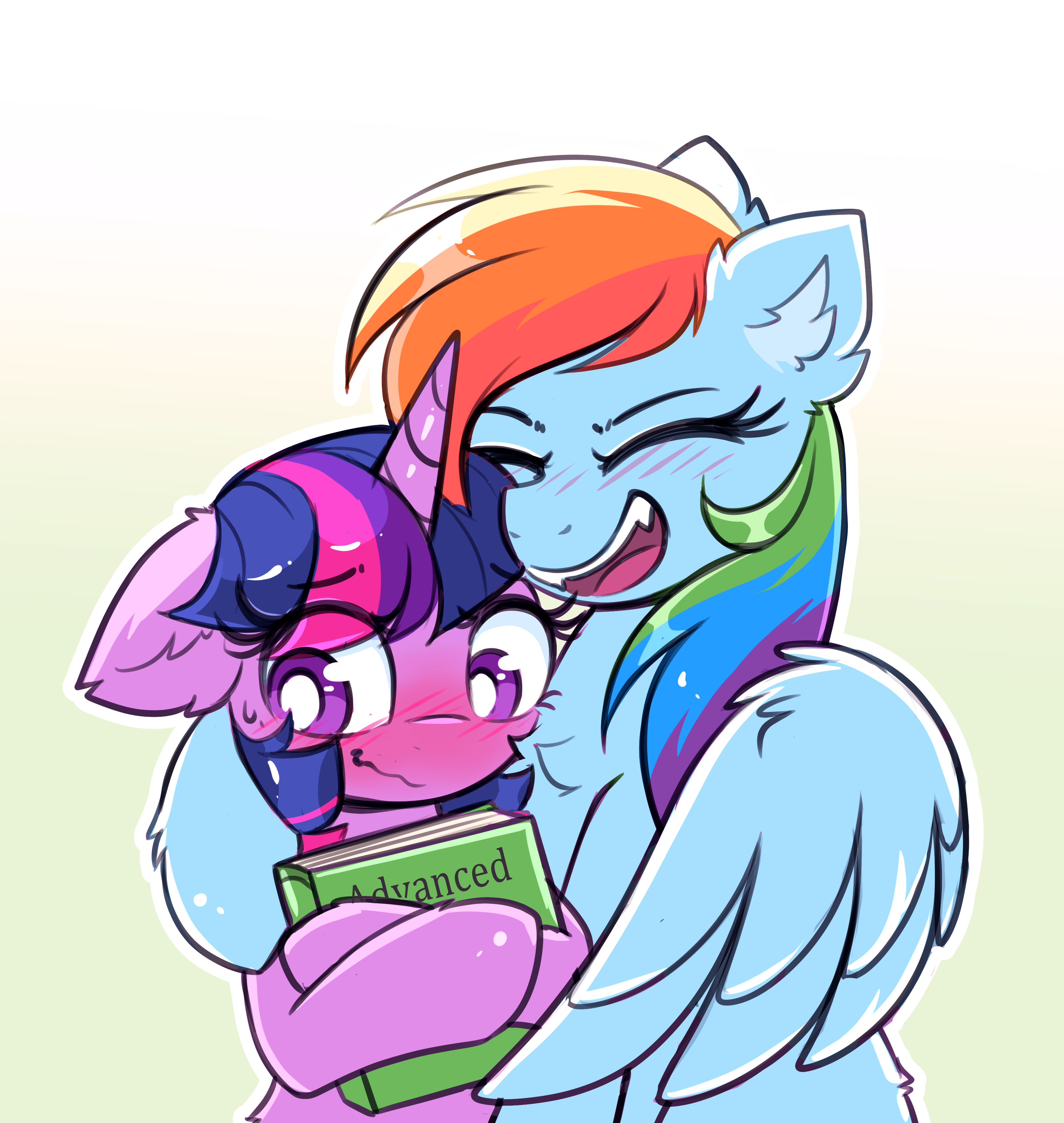 3230184 - safe, artist:confetticakez, rainbow dash, twilight sparkle,  alicorn, pegasus, pony, g4, blushing, book, chest fluff, cute, dashabetes,  duo, duo female, ear fluff, eye clipping through hair, eyebrows, eyebrows  visible through hair,