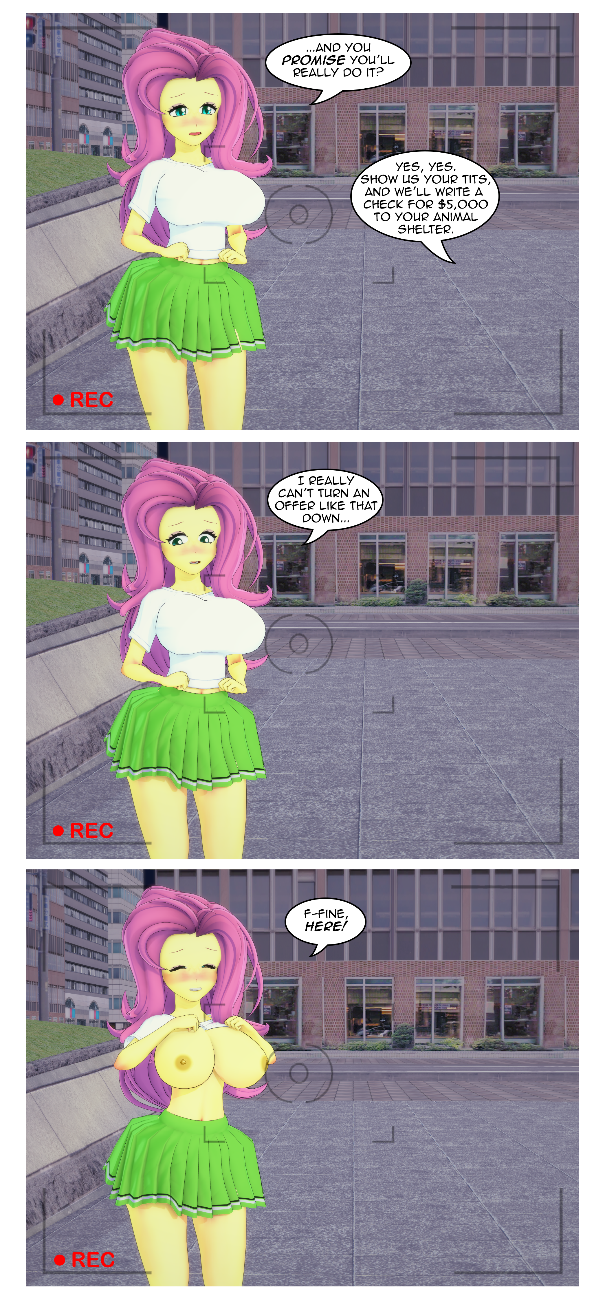 3268658 - questionable, artist:misunderstoodsecrets, fluttershy, human,  equestria girls, g4, 3d, big breasts, blushing, braless, breasts, bribery,  busty fluttershy, camera shot, city, clothes, comic, dialogue, embarrassed,  embarrassed nude exposure ...