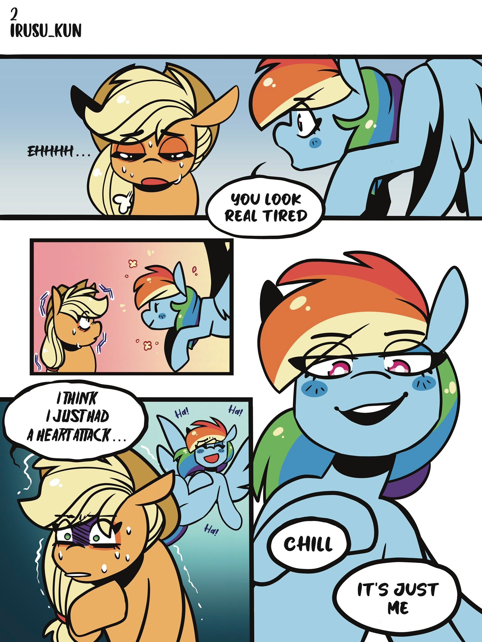 3055717 - safe, artist:lrusu, applejack, rainbow dash, earth pony, pegasus,  pony, comic:good night applejack (irusu), g4, comic, duo, eye clipping  through hair, eyebrows, eyebrows visible through hair, laughing, pinpoint  eyes, startled, sweat,