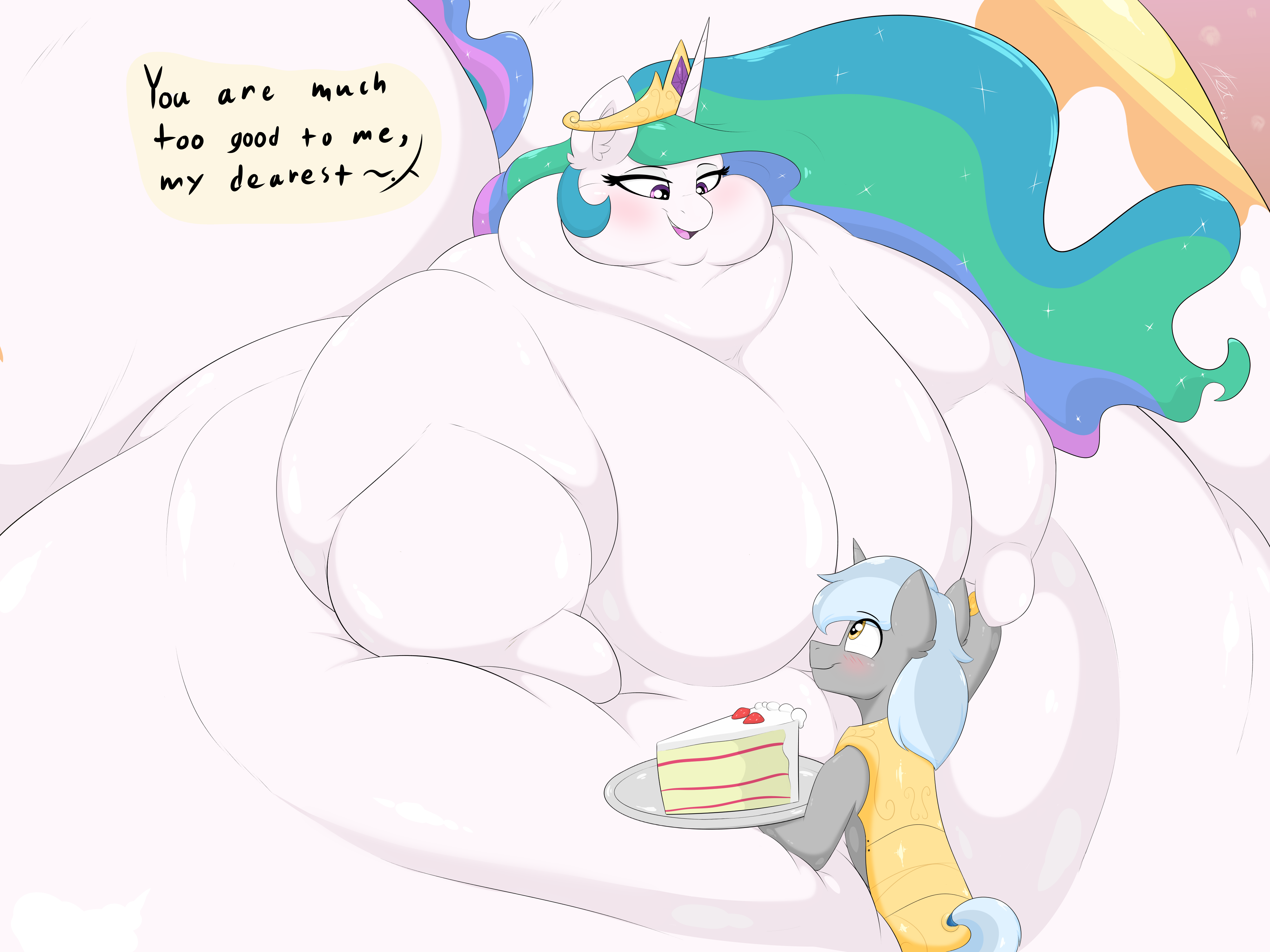 3071627 - questionable, artist:astrum, princess celestia, alicorn, pony,  unicorn, g4, armor, bedroom eyes, belly, big belly, bingo wings, blushing,  cake, cakelestia, chubby cheeks, chubbylestia, crown, dialogue, digital  art, double chin, fat, fat