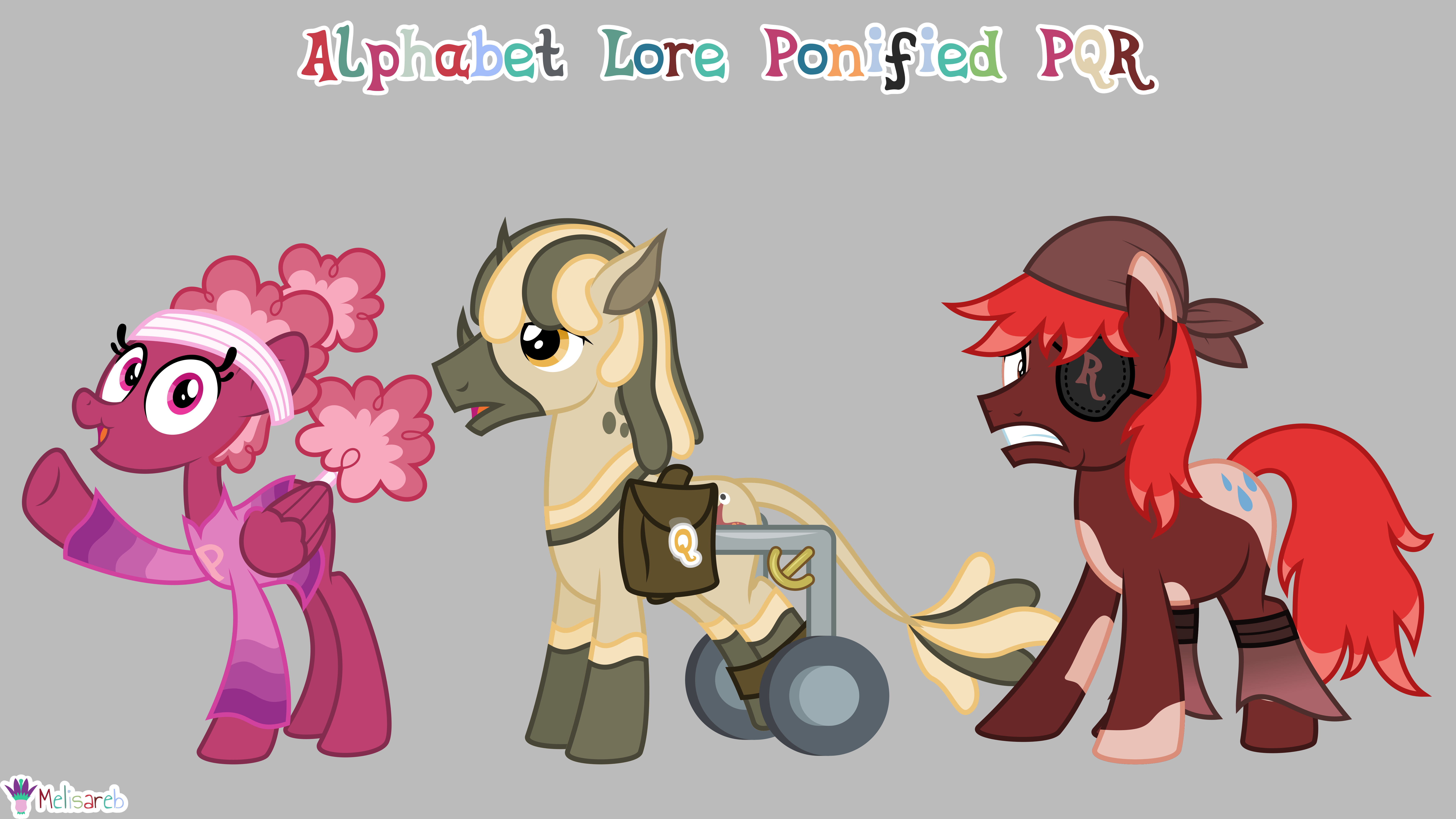 3073714 - safe, artist:melisareb, part of a set, abada, earth pony,  pegasus, pony, .svg available, 16:9, abadafied, absurd resolution, alphabet  lore, bag, clothes, cowprint, eyepatch, female, gray background, headband,  leonine tail, long