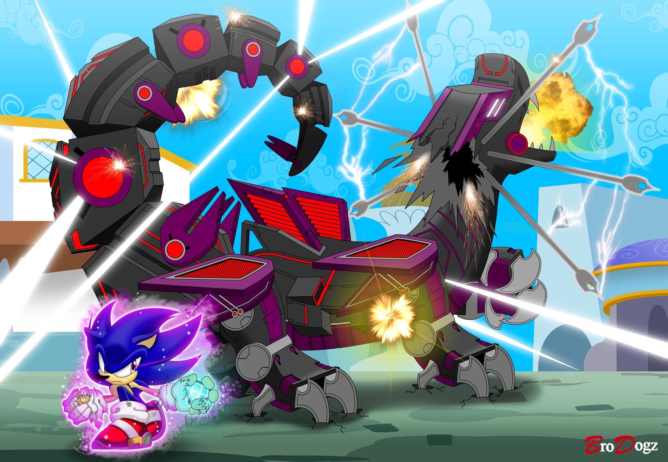 3145476 - safe, artist:brodogz, artist:supersaiyand, robot, fanfic:break  the walls down, boss battle, canterlot, chaos emerald, city, destruction,  electricity, energy weapon, explosion, fanfic, fanfic art, fight, fire,  laser, magic, male, mecha