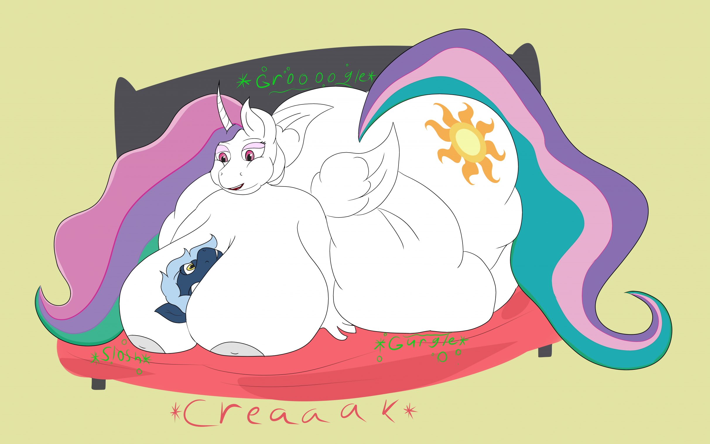 3147878 - questionable, artist:strange tartlet, princess celestia, oc,  oc:kuzia, alicorn, anthro, g4, belly, between breasts, big belly, big  breasts, blob, breasts, busty princess celestia, chubbylestia, fat, huge  belly, huge breasts, impossibly large