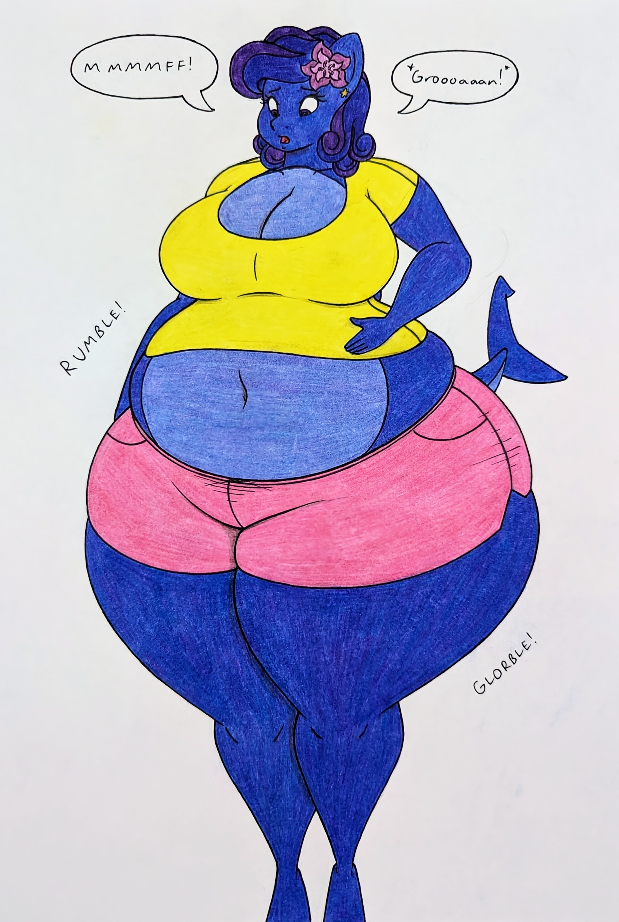 3152972 - suggestive, artist:thaliaglacyswells, oc, oc:thalia blu, hybrid,  original species, shark, shark pony, anthro, belly, belly button, big  belly, big breasts, blueberry inflation, breasts, cleavage, comic, female,  high res, huge belly, huge