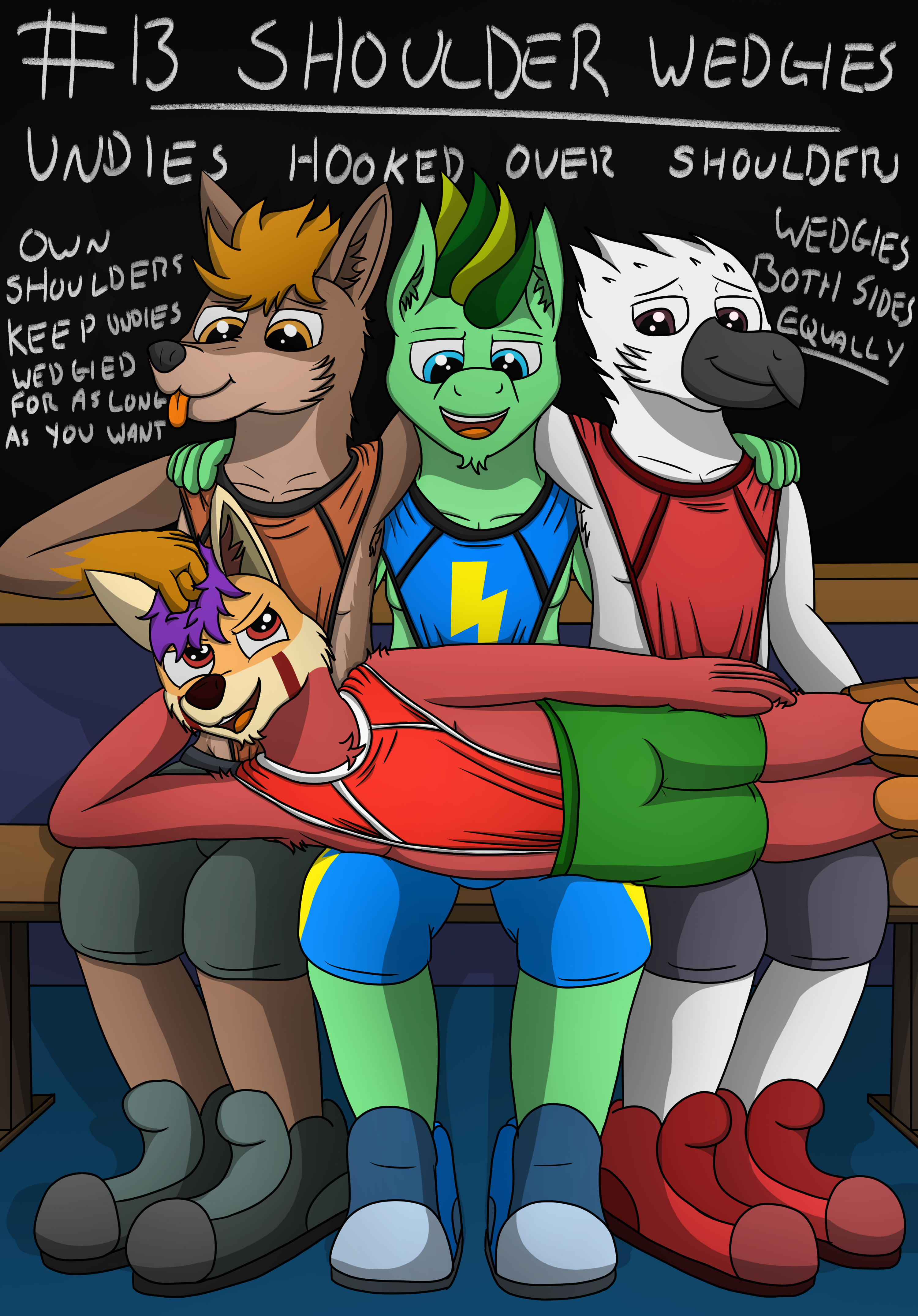 3155382 - suggestive, artist:tacomytaco, oc, oc only, oc:taco.m.tacoson,  avian, bird, coyote, pegasus, red panda, anthro, comic:taco and co  demonstrate wedgies, briefs, chalkboard, clothes, comic, lying down, male,  males only, noogie, on side