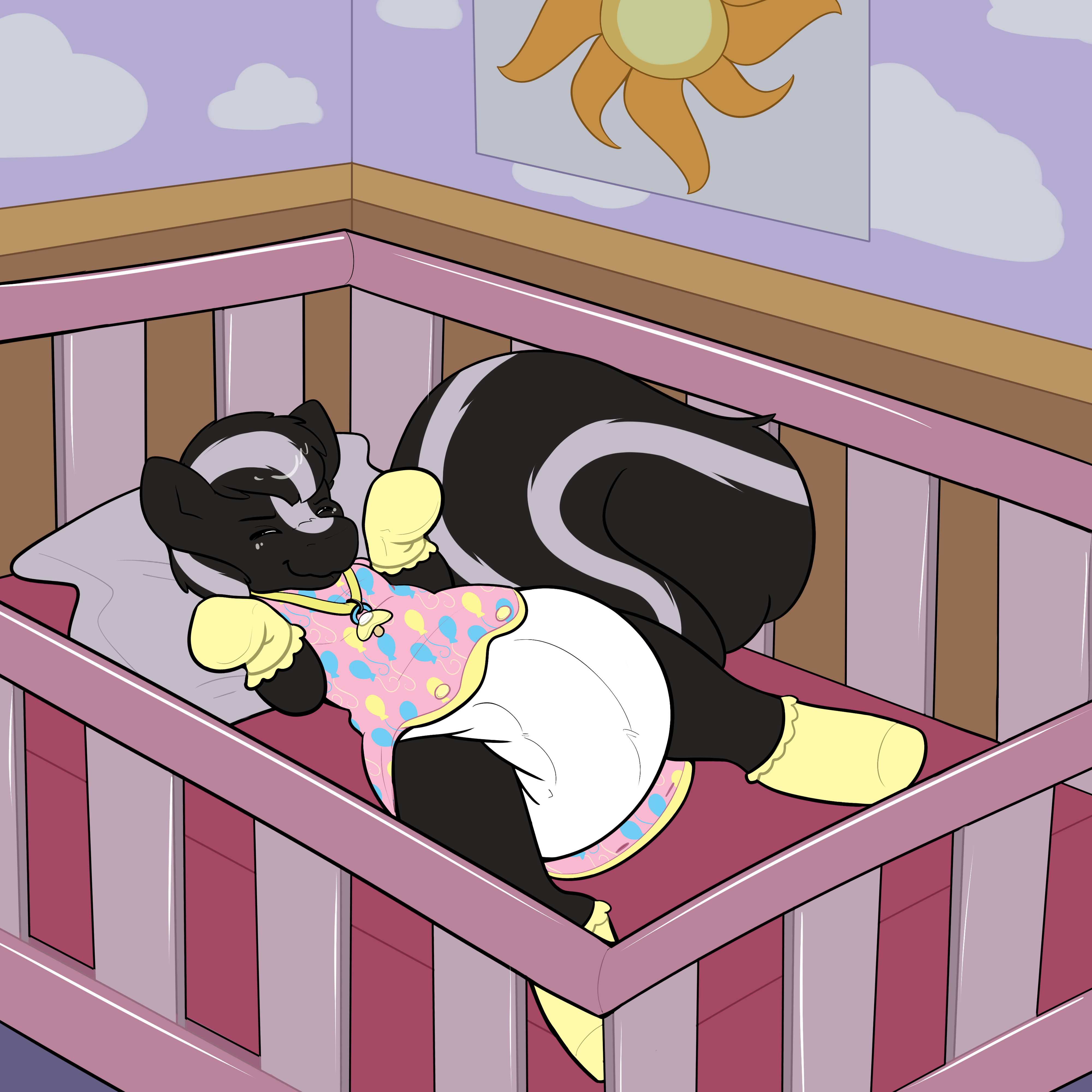 3170325 - safe, artist:zombineko, oc, oc only, oc:zenawa skunkpony, hybrid,  skunk, skunk pony, bed, bedroom, booties, colt, crib, diaper, diaper butt,  diaper fetish, eyes closed, fetish, foal, hybrid oc, lying down, male