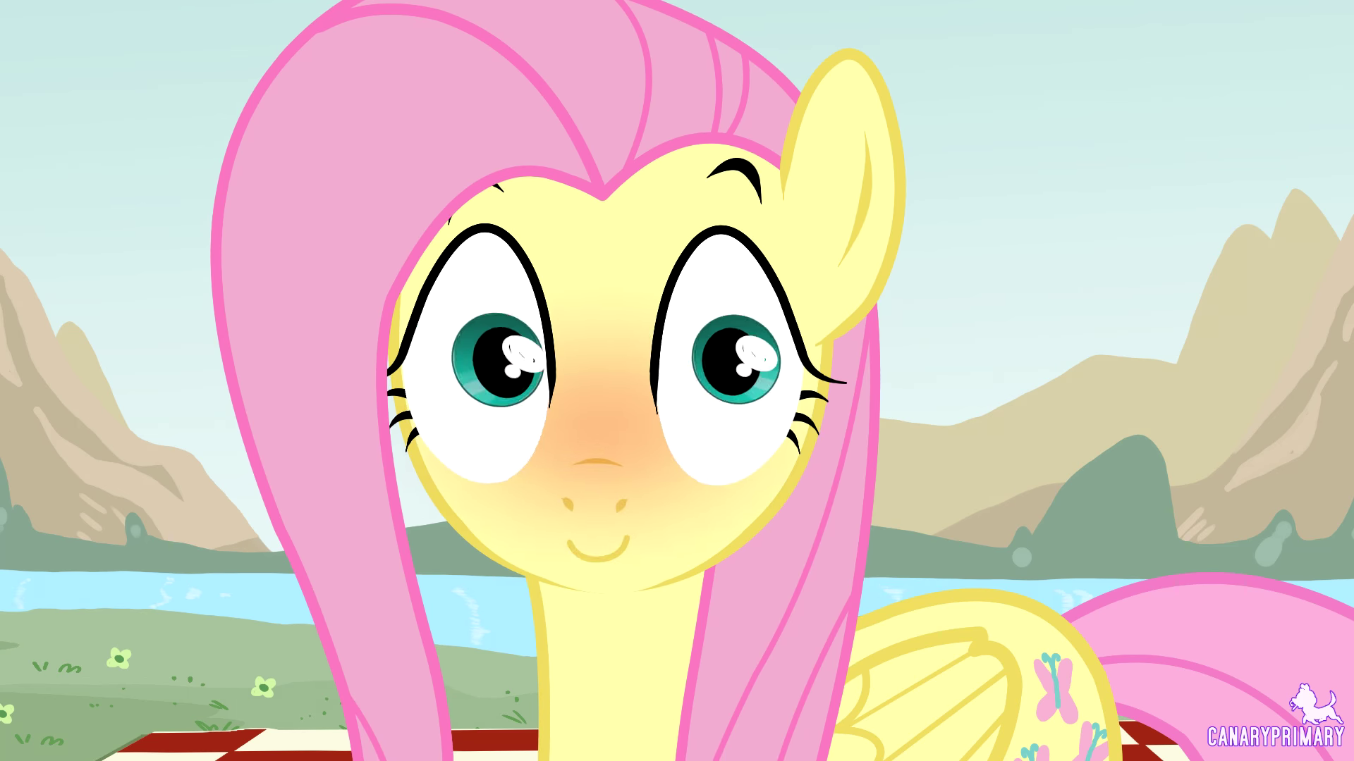 3171115 - safe, artist:canaryprimary, fluttershy, pegasus, pony, g4,  blushing, cute, eyebrows, faic, female, hypnotoad, looking at you, mare,  show accurate, shyabetes, smear frame, solo - Derpibooru