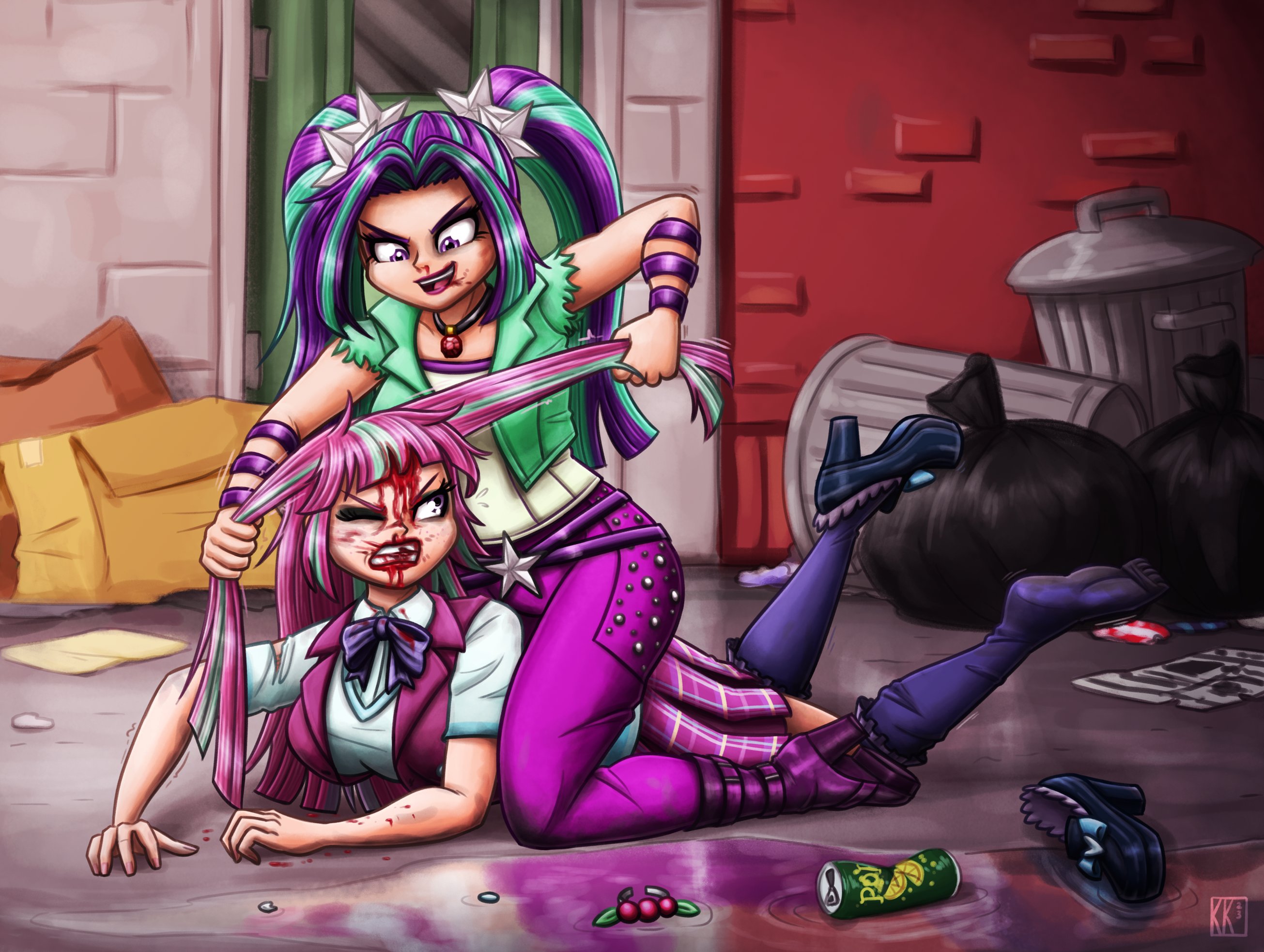 3171741 - semi-grimdark, artist:king-kakapo, aria blaze, sour sweet, human,  equestria girls, g4, alley, bag, bleeding, blood, breasts, can, cardboard  box, catfight, clothes, commission, female, fight, hair pulling, injured,  nosebleed, one shoe off,