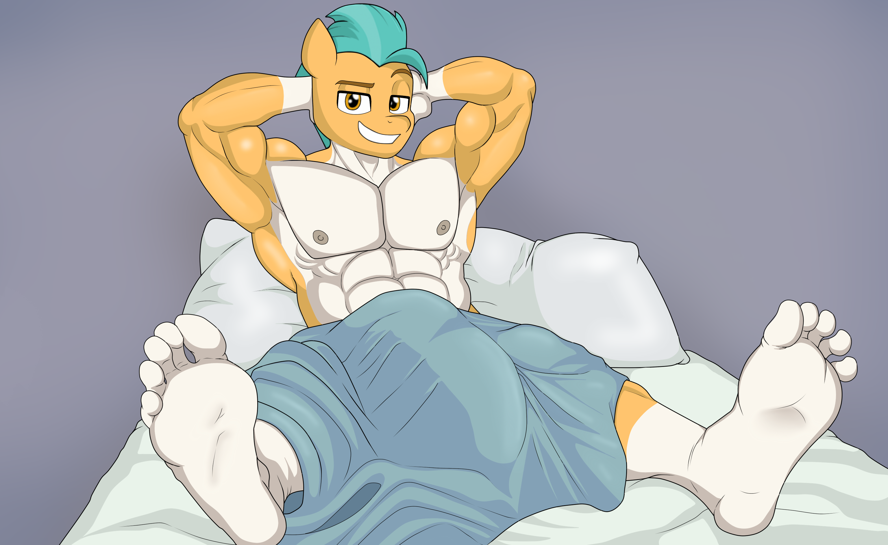 3171763 - artist needed, source needed, suggestive, hitch trailblazer,  earth pony, anthro, plantigrade anthro, g5, arm behind head, barefoot,  biceps, big penis, blanket, crotch bulge, feet, fetish, foot fetish, foot  focus, grin,