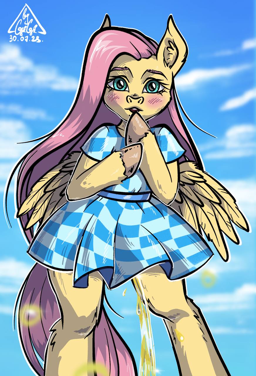 3173951 - suggestive, alternate version, artist:gigisarts, fluttershy,  pegasus, pony, semi-anthro, g4, arm hooves, bipedal, clothes, desperation,  dress, female, fetish, multiple variants, need to pee, omorashi, peeing in  the dress, pissing, potty ...