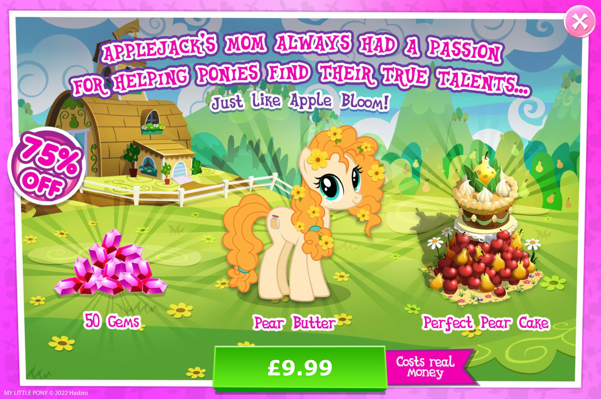 3174749 - safe, gameloft, pear butter, earth pony, pony, g4, my little  pony: magic princess, official, advertisement, apple, cake, costs real  money, cute, english, female, flower, flower in hair, food, gem, implied