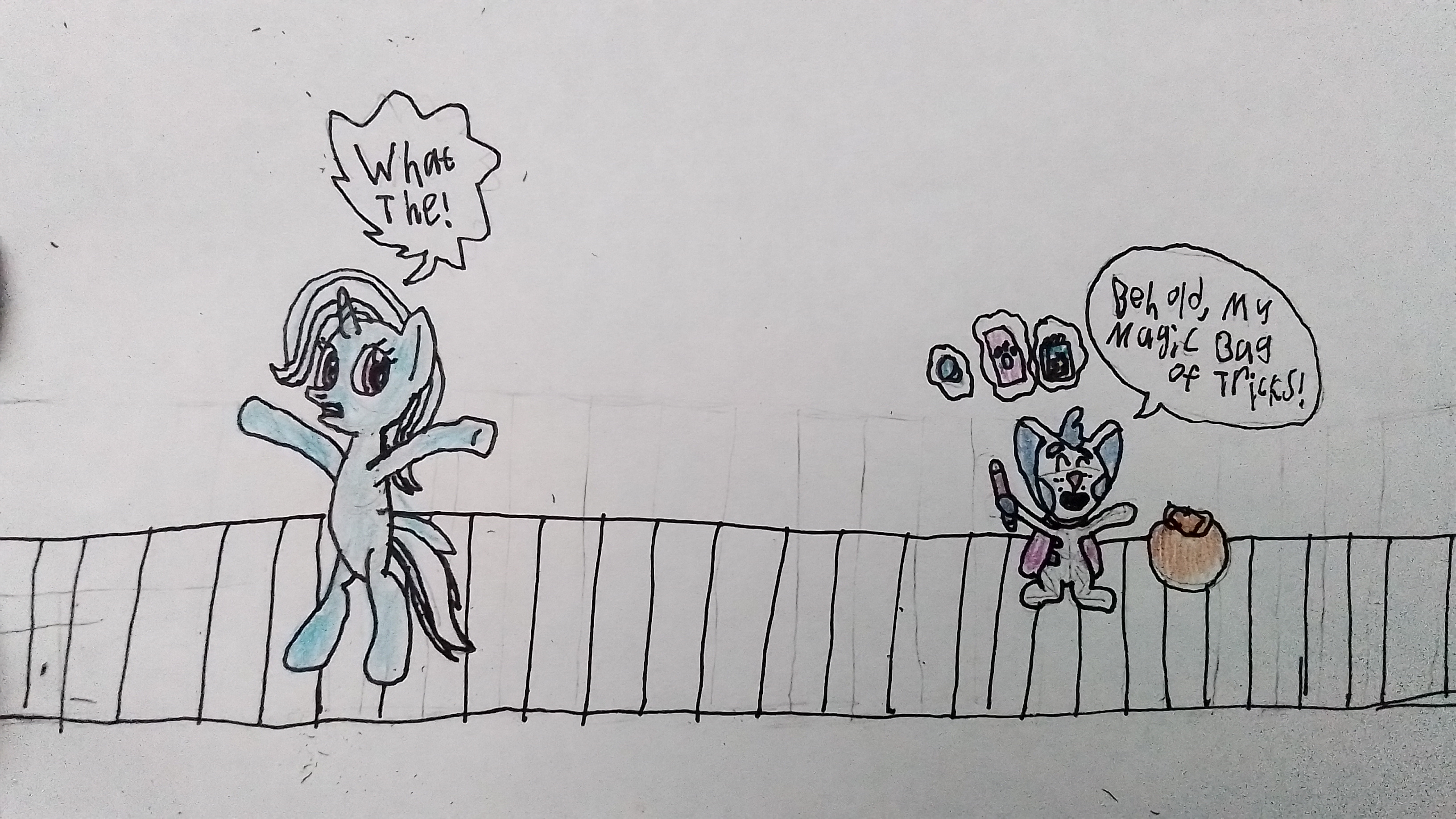 3184771 - safe, artist:puzzlshield2, derpibooru exclusive, trixie, cat,  pony, unicorn, semi-anthro, g4, magic duel, accessory swap, bag, bipedal,  blue's clues, cape, card, clothes, colored, comic, crossover, dialogue,  fanart, handy-dandy notebook, knob ...