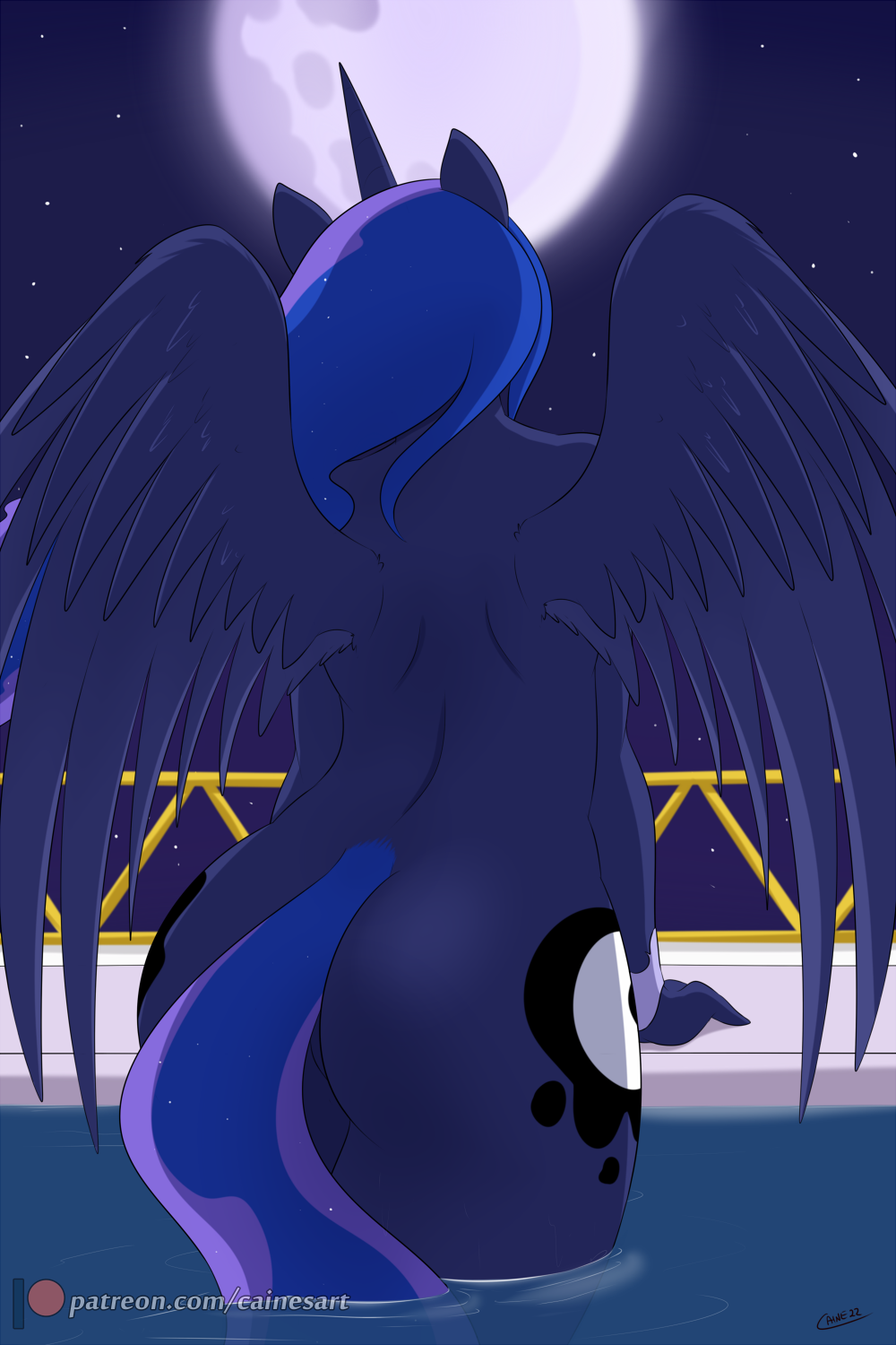 3185504 - suggestive, artist:cainesart, princess luna, alicorn, anthro, g4,  ass, back, beautiful, beautisexy, butt, facing away, female, moon,  moonbutt, night, nudity, partially submerged, patreon, rear view, sexy,  skinny dipping, sky, solo, solo