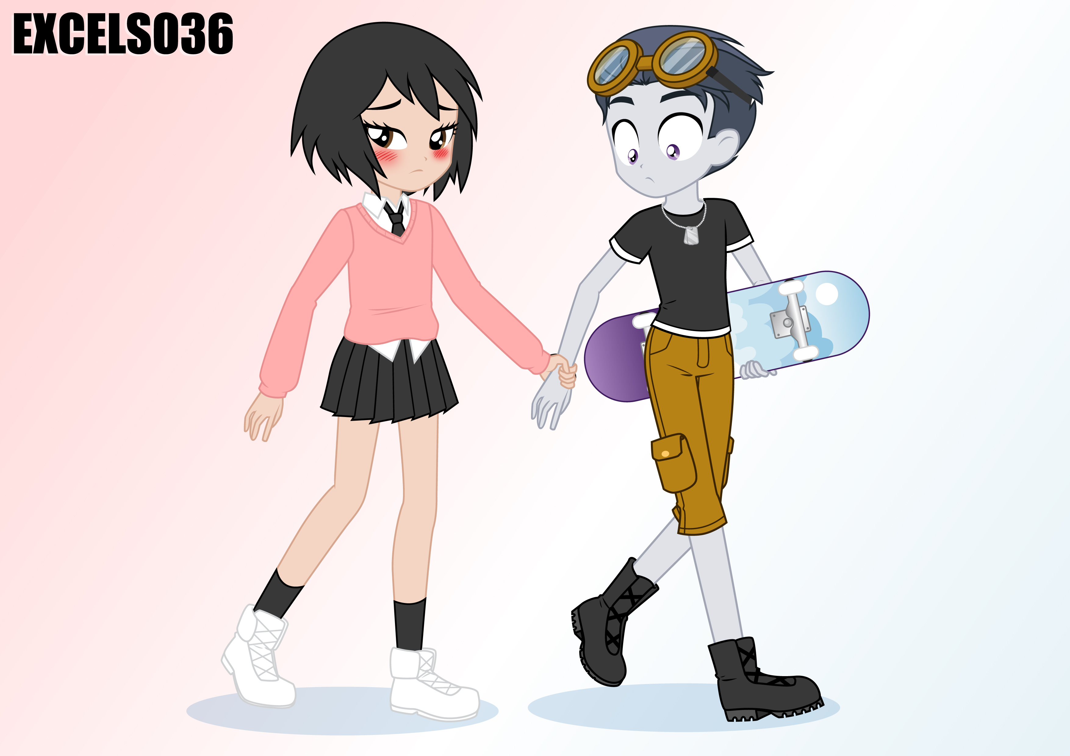 3193968 - safe, artist:excelso36, rumble, human, equestria girls, g4,  blushing, crossover, gradient background, high res, holding hands, marvel, peni  parker, skateboard, spider-man, spider-man: across the spider-verse -  Derpibooru