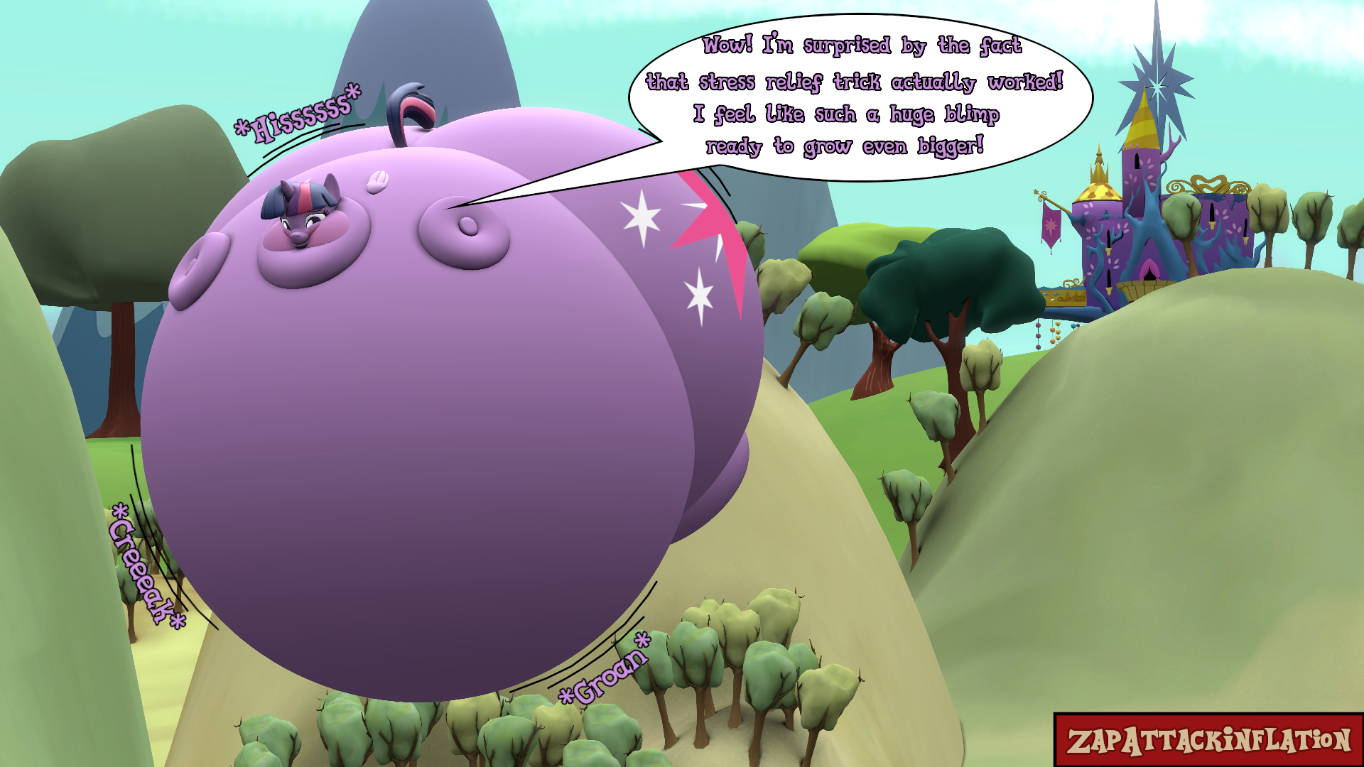 3289678 - questionable, artist:zapattackinflation, twilight sparkle,  alicorn, pony, g4, 3d, belly, big belly, bingo wings, blushing, butt,  female, floating, hill, huge belly, huge butt, impossibly large belly,  impossibly large butt, inflation, large