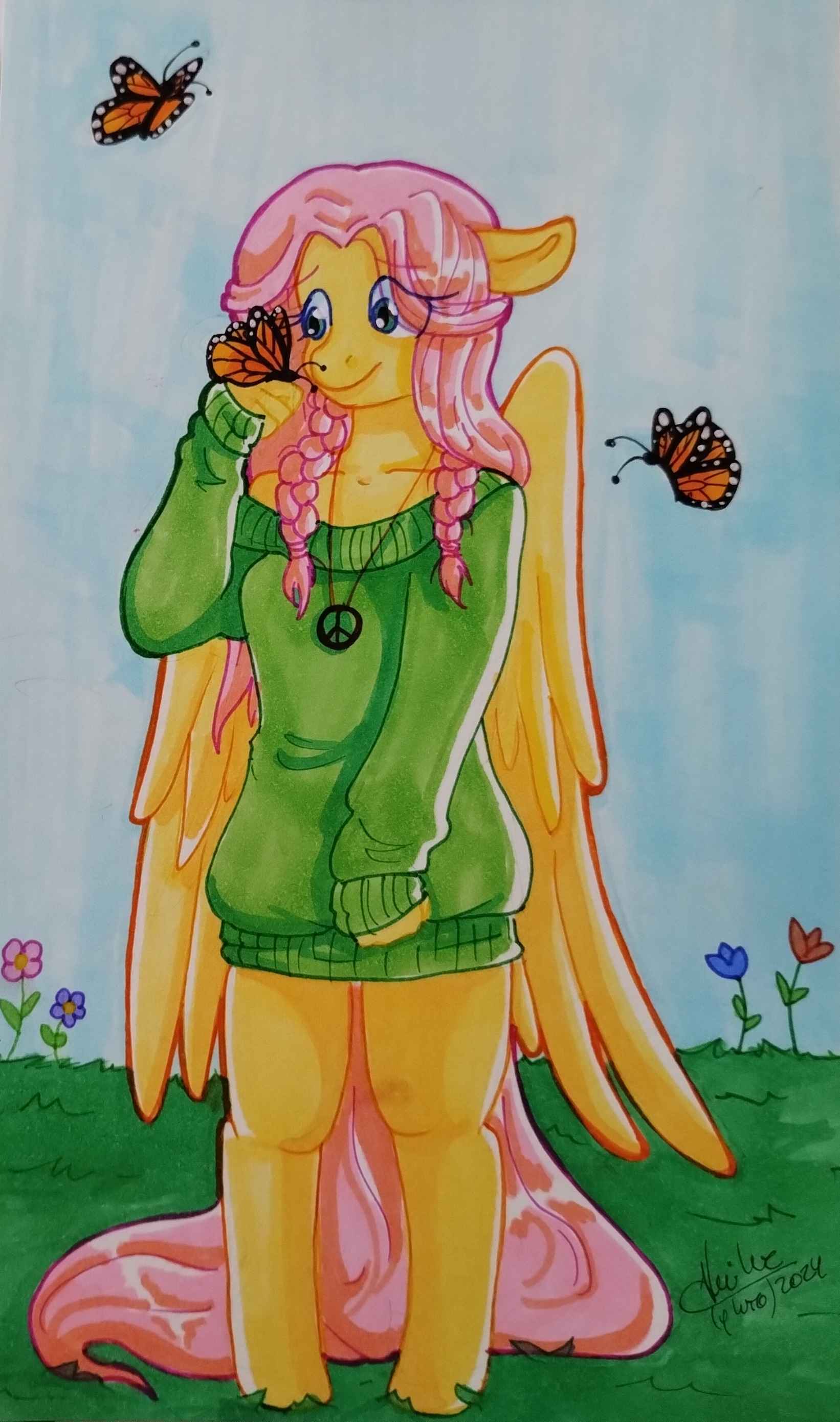  3473168 Safe Artist fleiiha Fluttershy Butterfly Pegasus Anthro 
