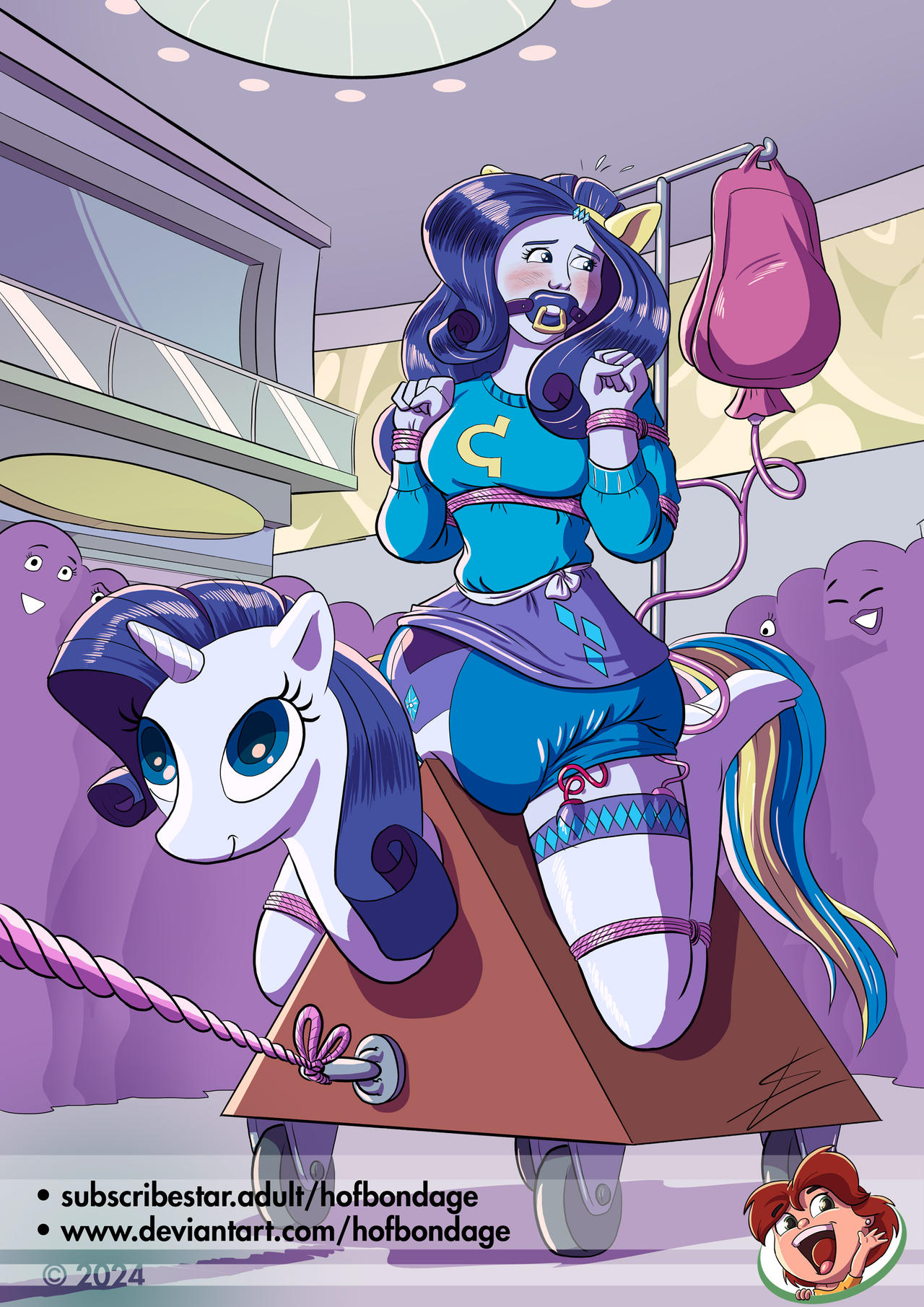 3298758 - questionable, artist:hofbondage, rarity, human, unicorn,  equestria girls, g4, abdl, anal insertion, blushing, bondage, bondage  furniture, breasts, busty rarity, clothes, commission, crowd, diaper, diaper  bondage, diaper fetish, emanata, enema ...