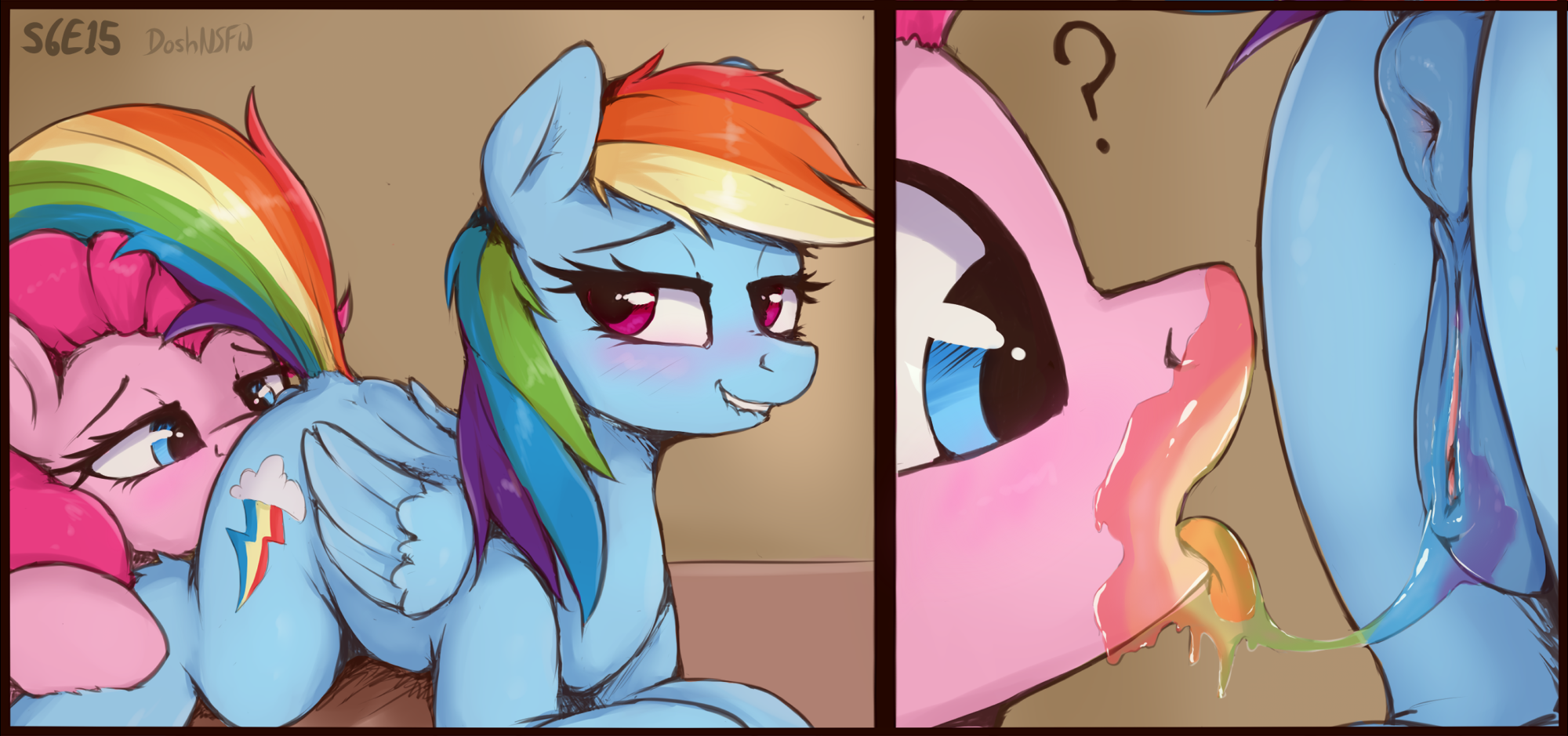 3293831 - explicit, artist:dosh, pinkie pie, rainbow dash, earth pony,  pegasus, pony, series:doshs mare-a-thon, 28 pranks later, g4, my little  pony: friendship is magic, 2 panel comic, anatomically correct, anus,  blushing, clitoris,