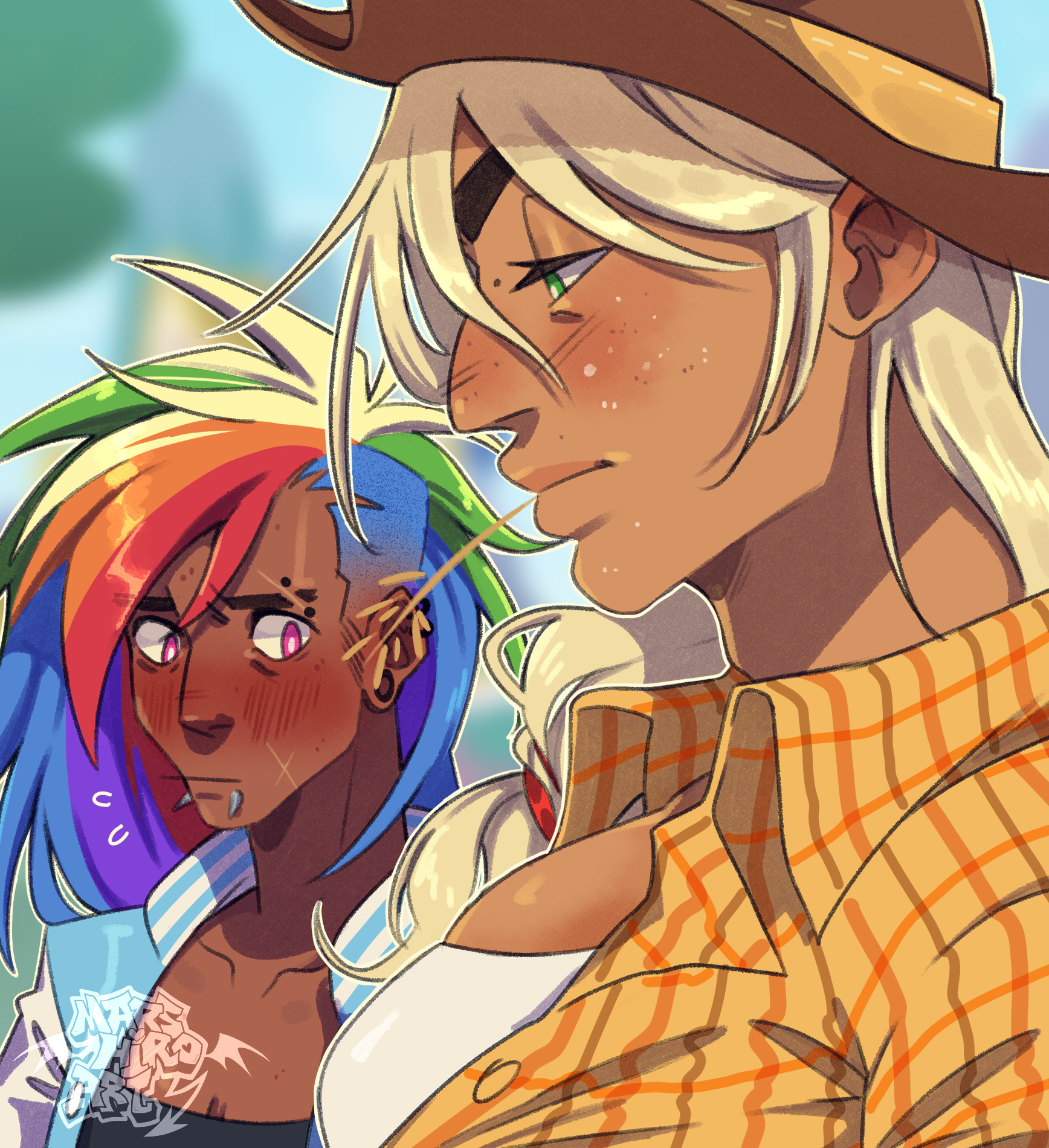 3322428 - safe, artist:marshiroart, applejack, rainbow dash, human, g4,  blushing, dark skin, duo, female, girl staring at guy's chest, humanized,  lesbian, meme, ship:appledash, shipping, stare, tan skin - Derpibooru