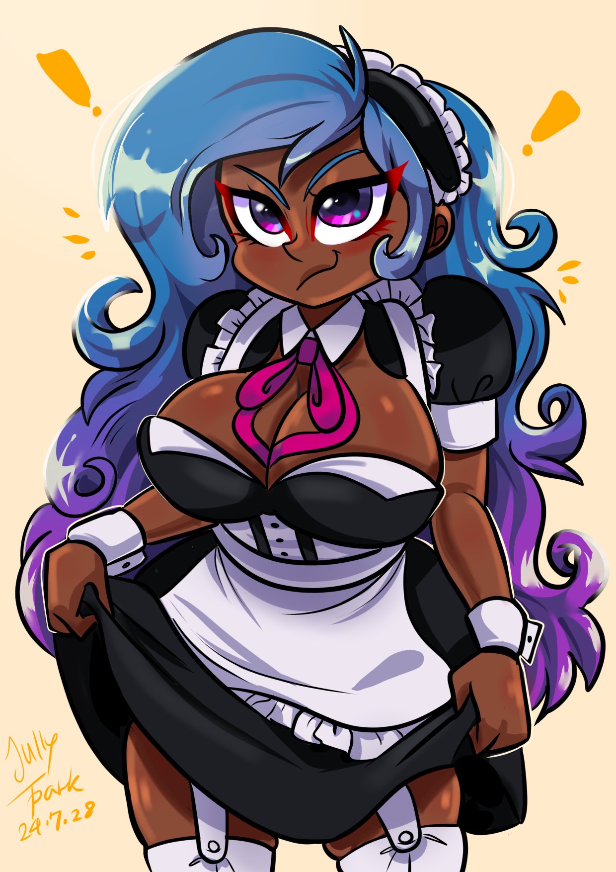 3410251 - safe, alternate version, artist:jully-park, izzy moonbow, human,  g5, clothes, dark skin, humanized, maid, simple background, solo, yellow  background - Derpibooru