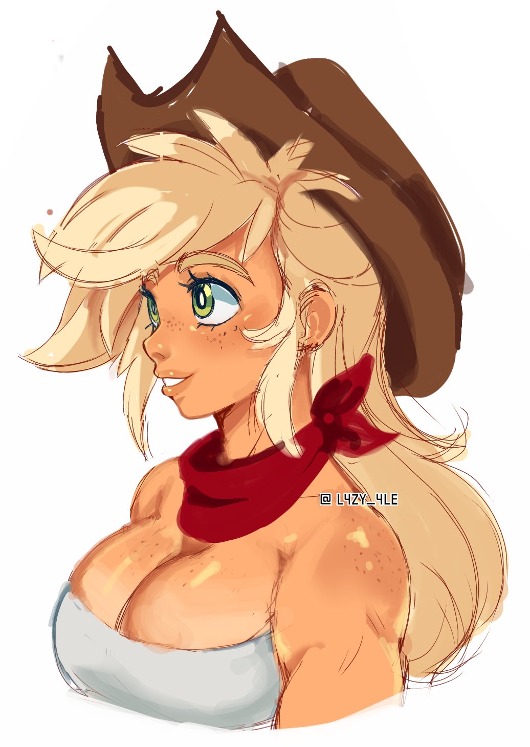 3410280 - safe, artist:l4zy_4le, applejack, human, g4, bandana, bare  shoulders, big breasts, boob freckles, breasts, bust, busty applejack,  chest freckles, female, freckles, grin, humanized, shoulder freckles,  signature, simple background, smiling ...