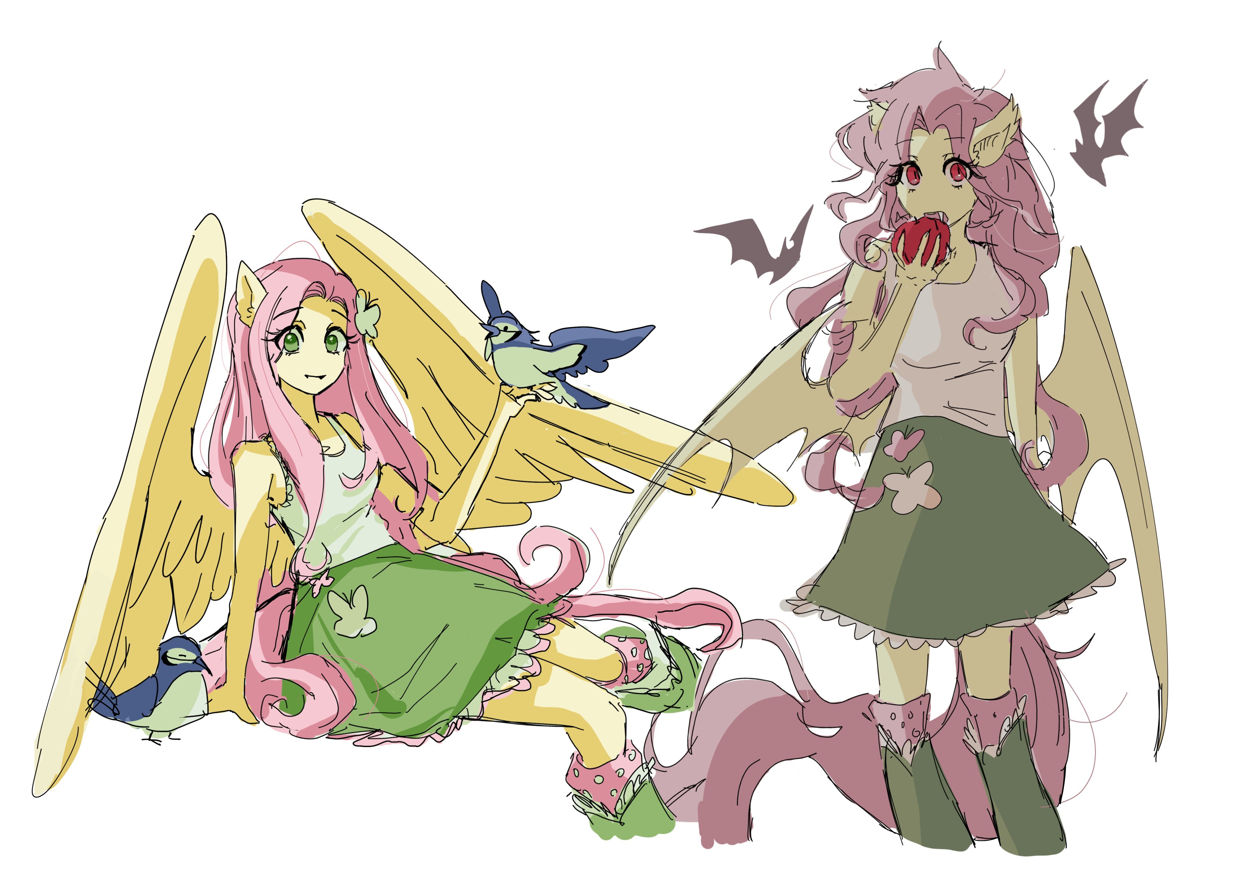 #3448578 - safe, artist:o0hao0o, fluttershy, bat, bird, human ...