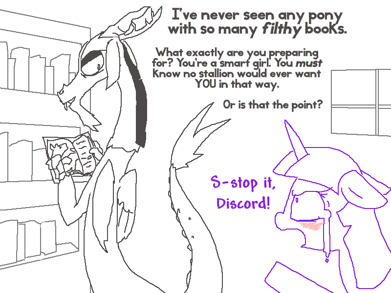 Discord Ponies Porn - 165666 - suggestive, artist:weaver, discord, twilight sparkle, draconequus,  pony, unicorn, abuse, blushing, book, crying, dialogue, duo, duo male and  female, erotica, female, frown, gif, grin, looking at each other, looking  at someone,