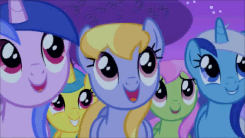 A nighttime shot of a crowd from Suited For Success. From left to right, looking upwards: Sea Swirl, Lemon Hearts, Cloud Kicker, Merry May, Minuette.
