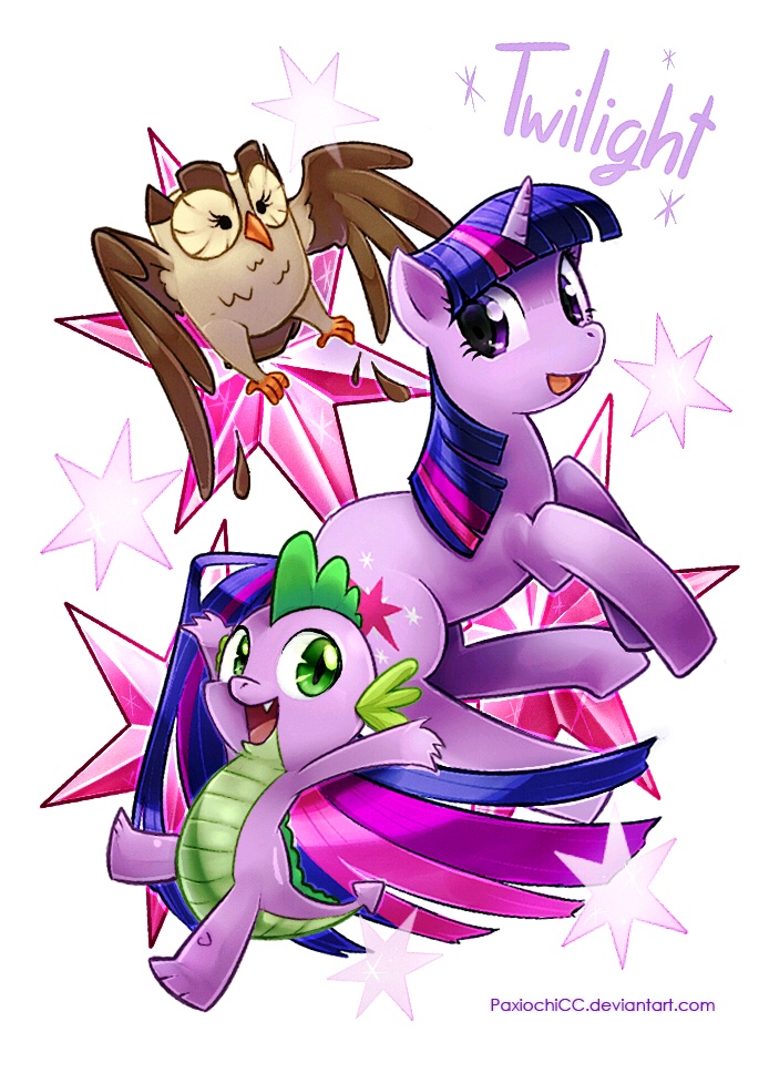 #77164 - safe, artist:paxiochicc, owlowiscious, spike, twilight sparkle