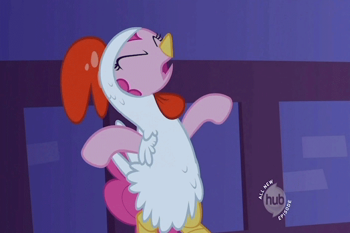 314038__safe_pinkie+pie_luna+eclipsed_animal+costume_animated_birth_chicken_chicken+pie_chicken+suit_clothes_costume_egg_feather_flailing_hubble_hub+lo.gif