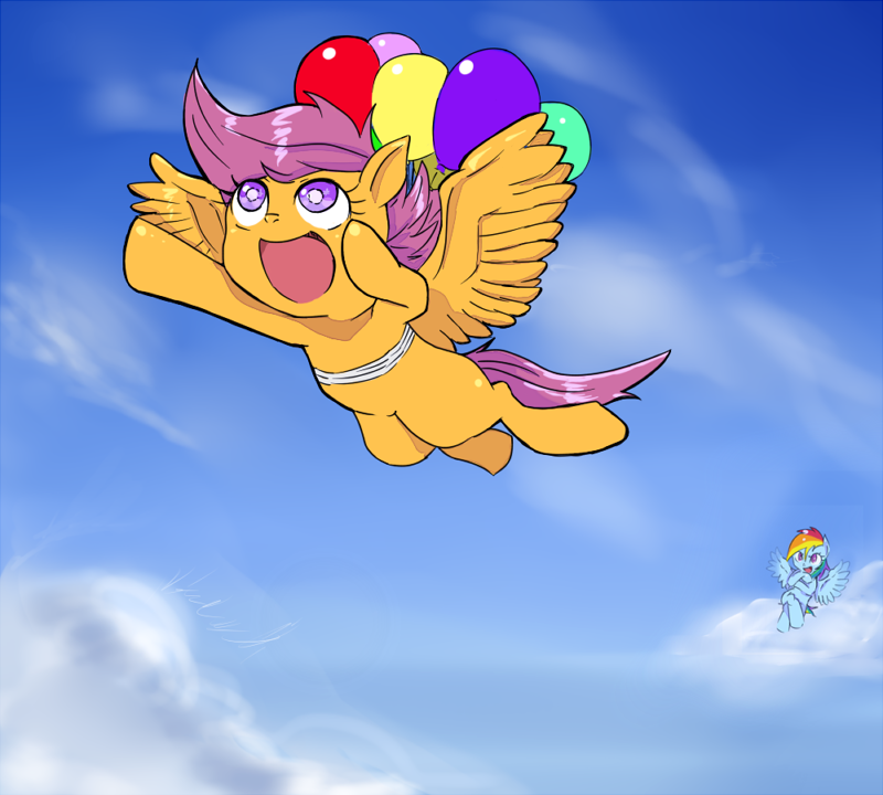 684162 Safe Artistkuromozuku Rainbow Dash Scootaloo Balloon Pixiv Scootaloo Can Fly 