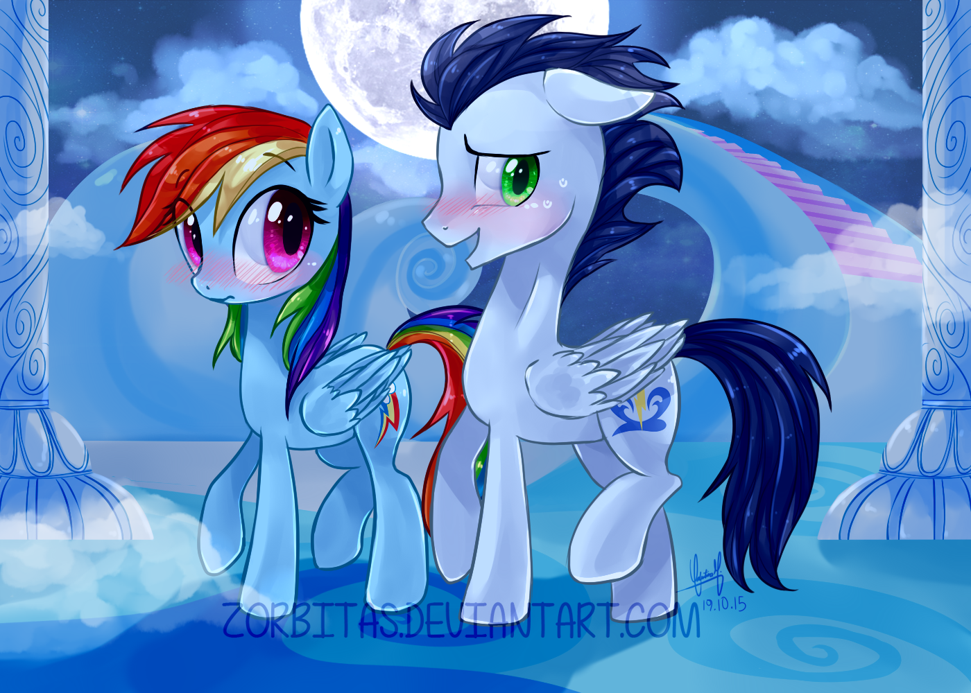 #1005988 - artist:zorbitas, backwards cutie mark, blushing, cute, female, male, moon, pony ...