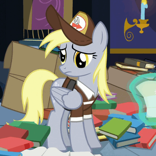 https://derpicdn.net/img/view/2016/10/29/1284393__safe_clothes_screencap_cute_animated_derpy+hooves_magic_hat_book_frown.gif