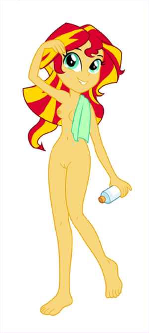1136124 - explicit, artist:thezeo, edit, sunset shimmer, equestria girls,  artistic nudity, barefoot, belly button, breasts, feet, female, nipples,  nude edit, nudist sunset shimmer, nudity, pose, show accurate, solo, solo  female, sweat, towel,