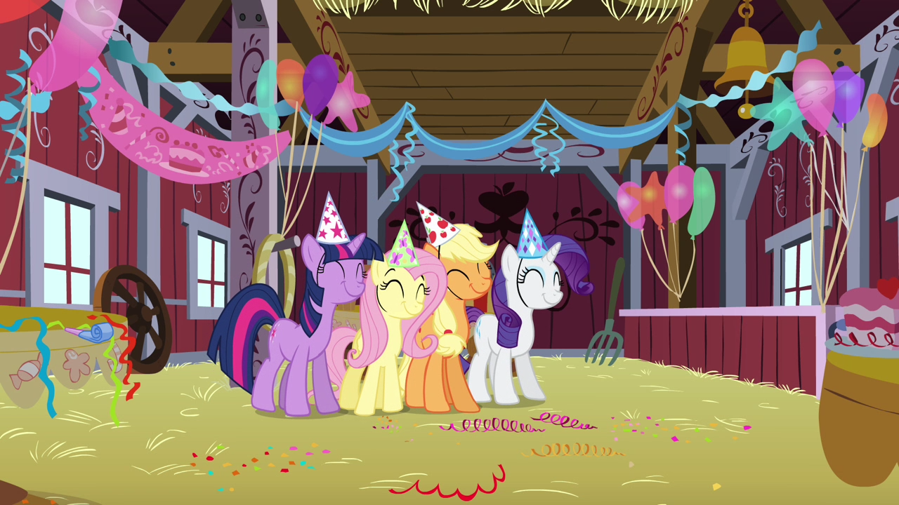 1195484__safe_screencap_applejack_fluttershy_rarity_twilight+sparkle_pony_party+of+one_balloon_barn_bell_cake_cute_eyes+closed_food_hat_hay_party_party+hat_part.png