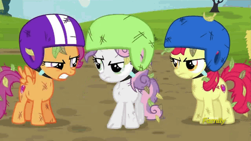 1218582__safe_screencap_animated_scootaloo_sweetie+belle_apple+bloom_cutie+mark+crusaders_angry_discovery+family+logo_helmet.gif