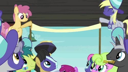 1240873__safe_clothes_screencap_animated_derpy+hooves_lyra+heartstrings_hat_bon+bon_sweetie+drops_scarf.gif