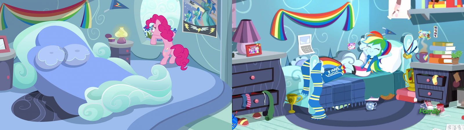 1561207  Safe Screencap Pinkie Pie Rainbow Dash Equestria Girls Secrets And Pies Bed Bedroom Comparison Converse Lamp Rainbow Dash's Bedroom Rainbow  