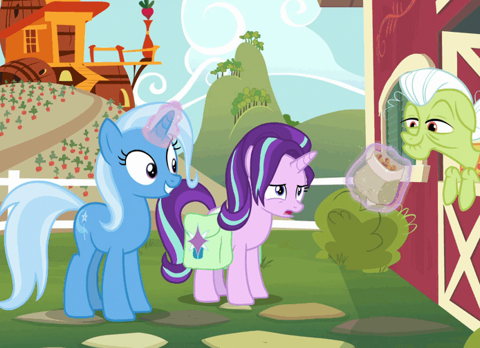 1413466 - safe, screencap, granny smith, starlight glimmer, trixie, pony,  all bottled up, animated, cinnamon nuts, female, food, gif, magic override,  pure unfiltered evil, saddle bag, throwing - Derpibooru
