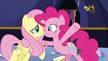 1421323__safe_screencap_fluttershy_pinkie+pie_party+pooped_animated_cute_duo_earth+pony_female_frown_gif_grin_hair+pulling_hug_long+mane_mare_open+mout.gif