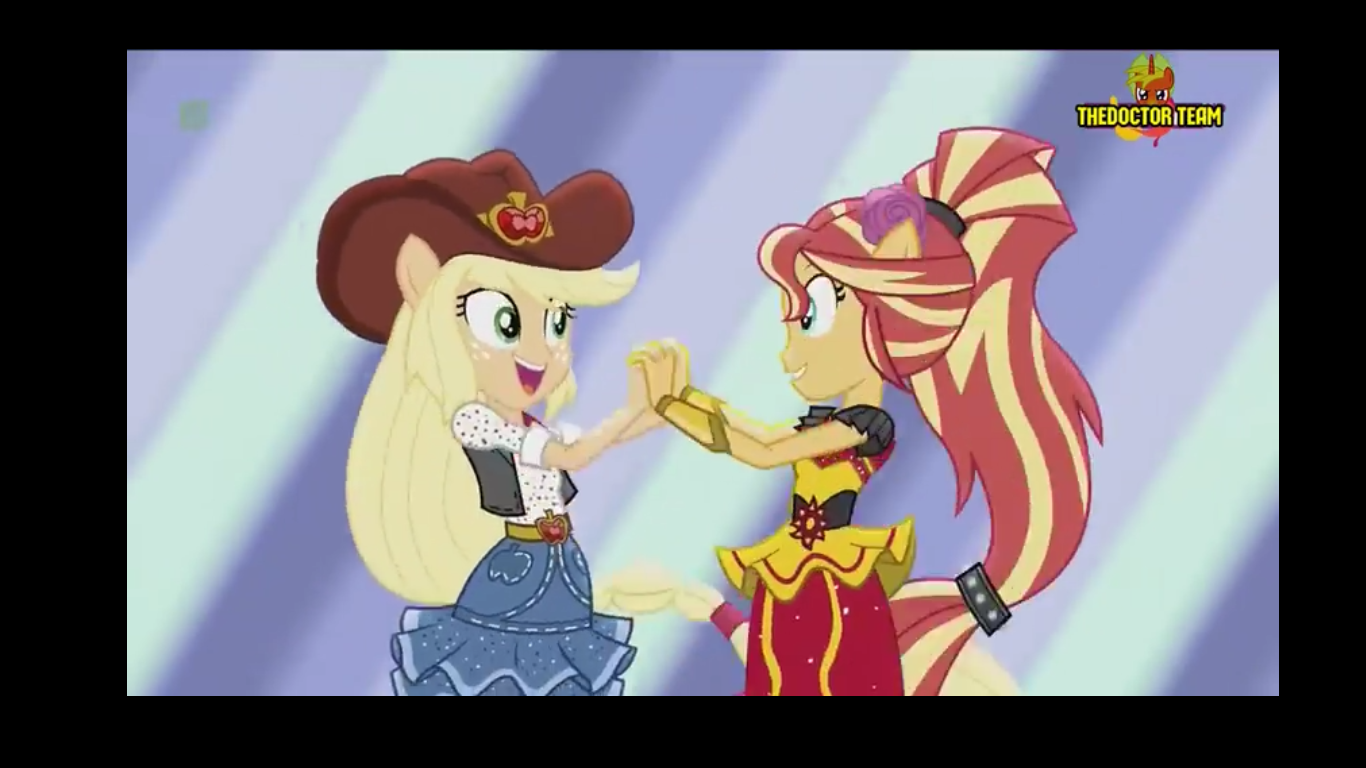 #1436532 - safe, screencap, applejack, sunset shimmer, dance magic ...