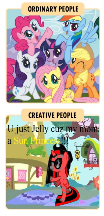 1429345 Safe Applejack Fluttershy Pinkie Pie Rainbow Dash Rarity Twilight Sparkle Oc Pony Mane Six Meme Ordinary People Vs Creative People Red And Black Oc Derpibooru