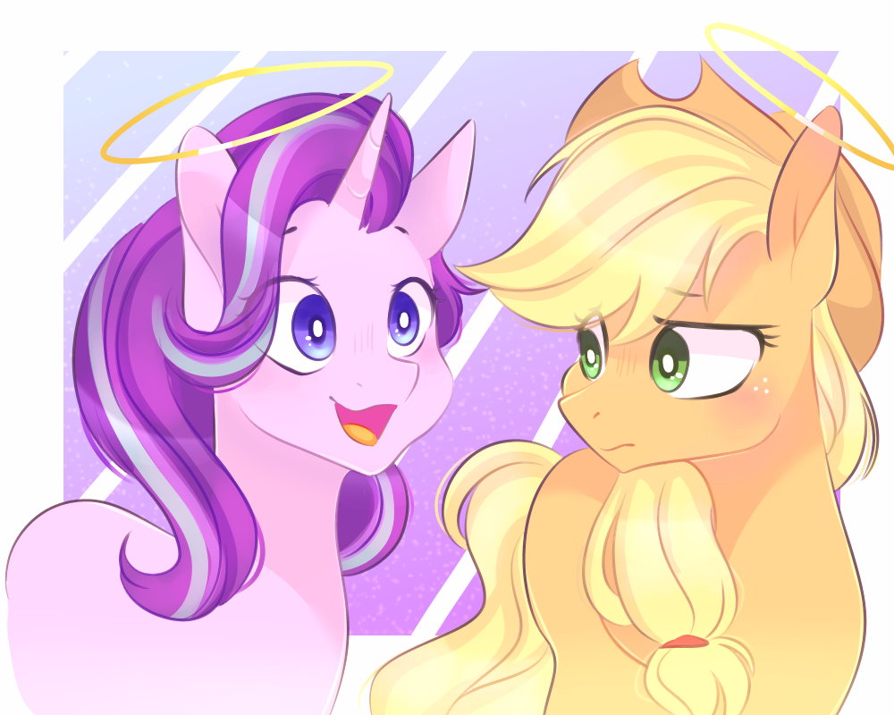 1793646__safe_artist-colon-waterz-dash-colrxz_applejack_starlight+glimmer_blushing_cowboy+hat_duo_earth+pony_female_freckles_halo_hat_mare_open+mouth_p.png